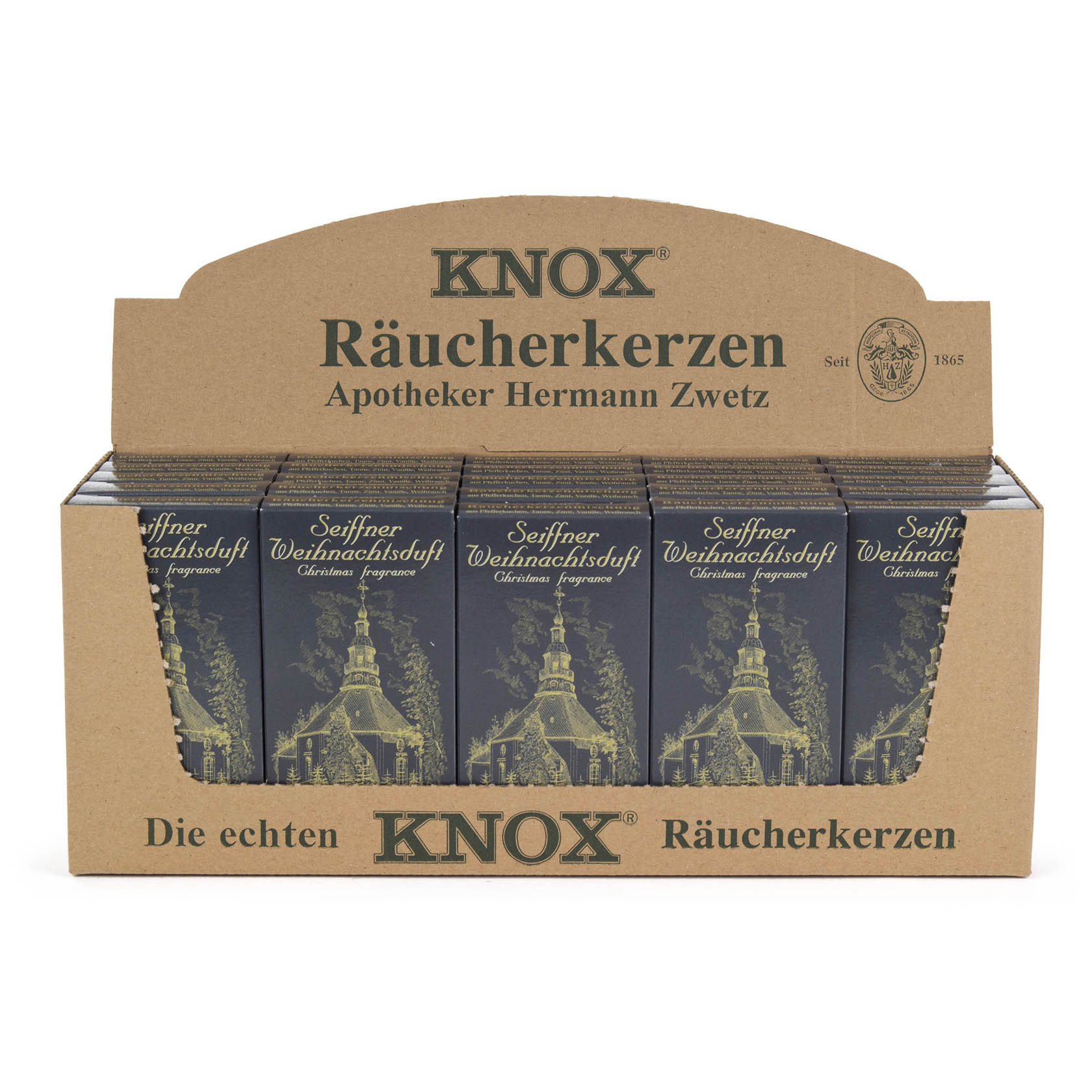 A display box containing multiple smaller boxes of KNOX incense cones, labeled Seiffener Weihnachtsduft, with a traditional German Christmas design. im Dregeno Online Shop günstig kaufen