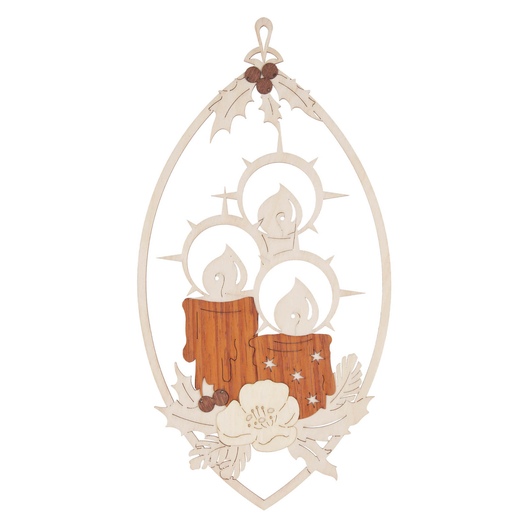 Holzfensterbild mit drei brennenden Kerzen, dekoriert mit einem Weihnachtsstern und Stechpalmenblättern. im Dregeno Online Shop günstig kaufen