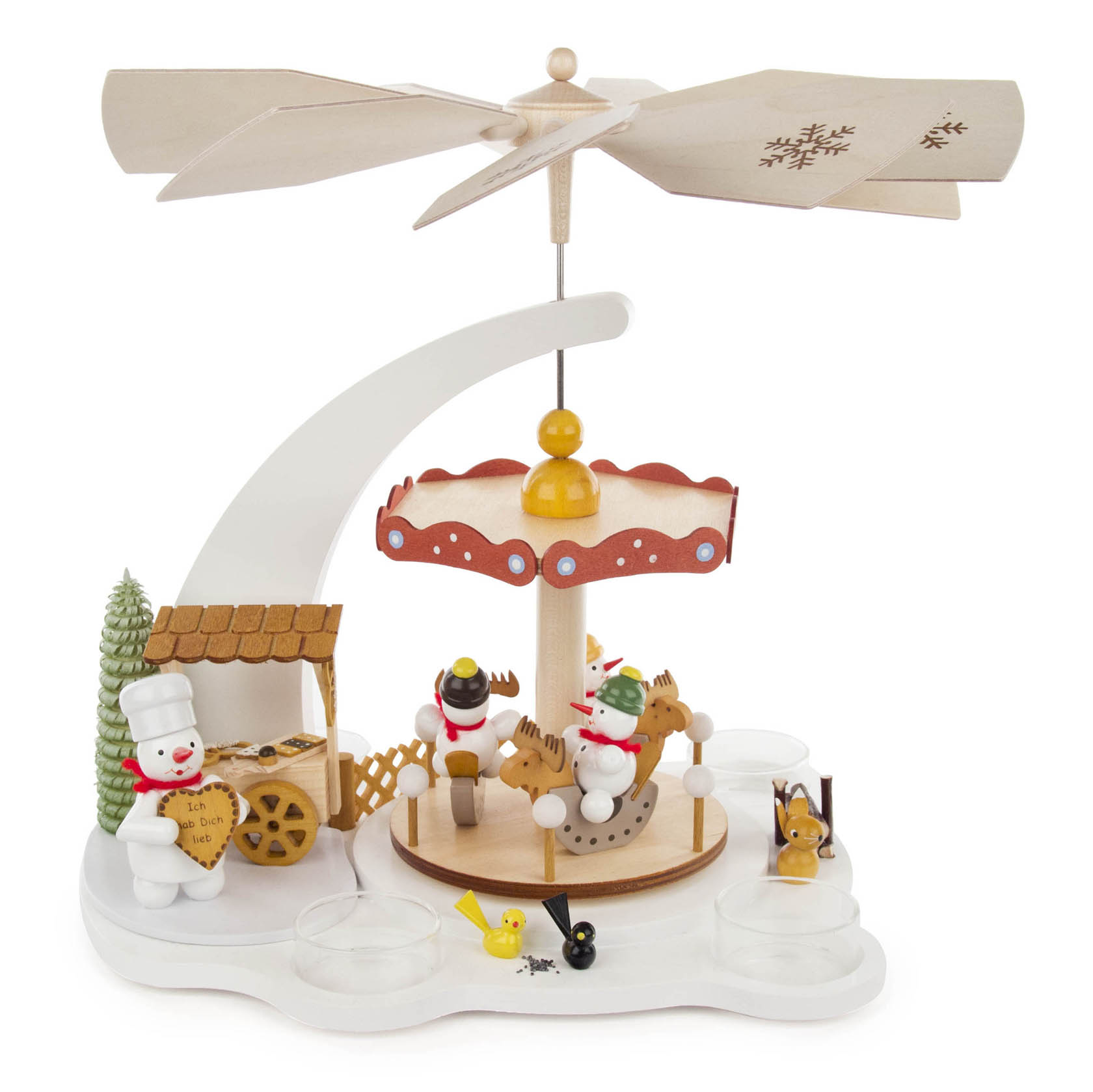 Holzpyramide mit Schneemann-Figuren im Karussell, Teelichthalter und hölzernem Propeller mit Schneeflockenmotiv. im Dregeno Online Shop günstig kaufen