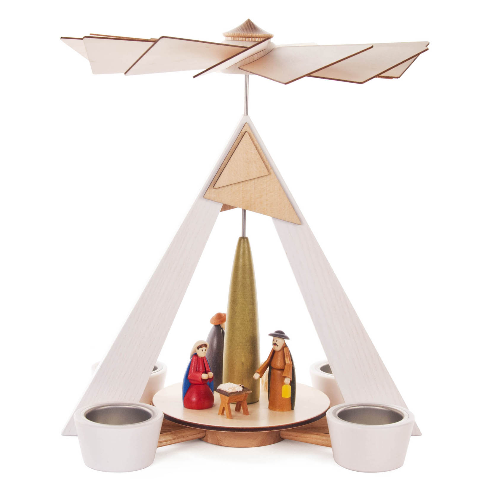 Pyramide mit Christi Geburt, weiß mit farbig lasierten Figuren, für Teelichte im Dregeno Online Shop günstig kaufen