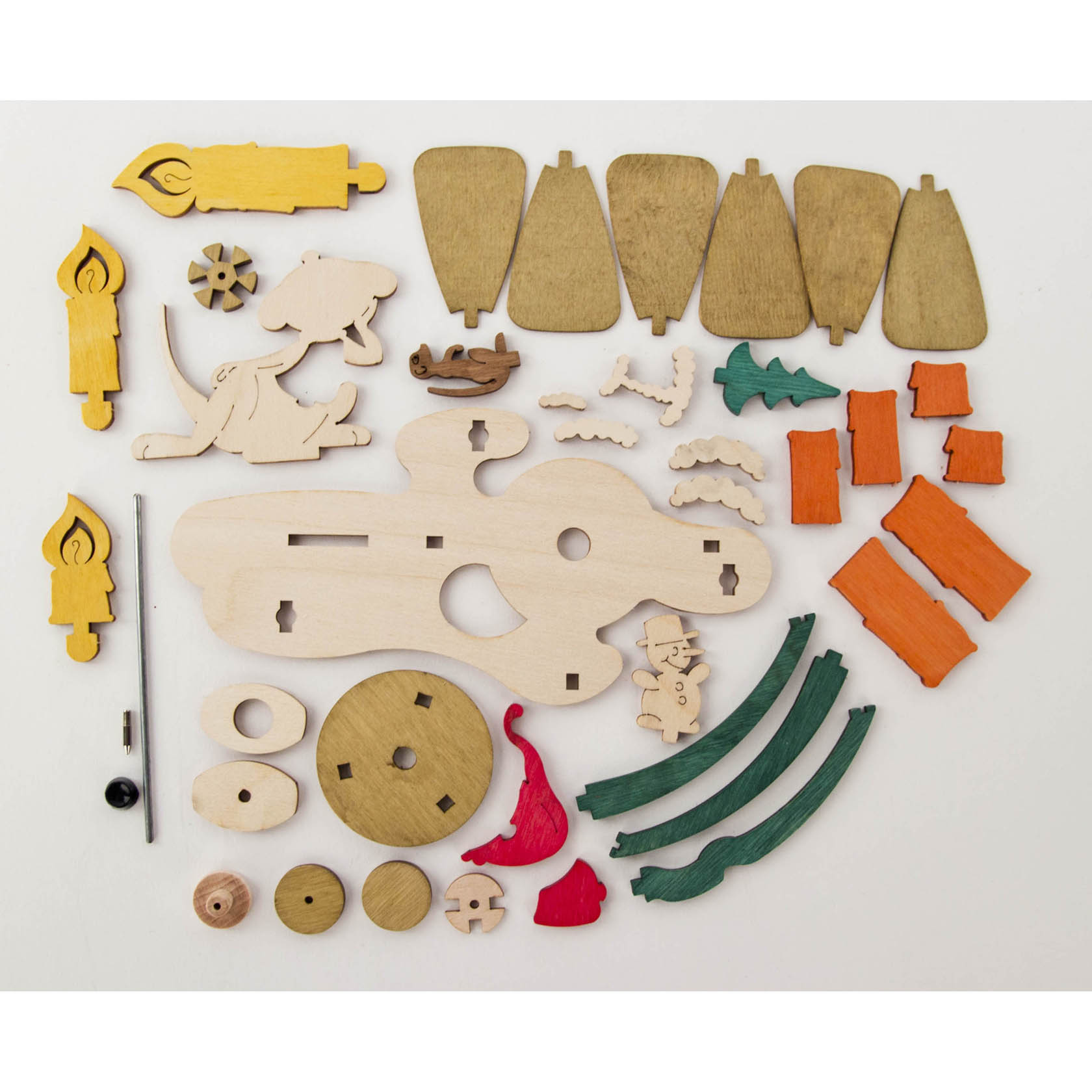 Ein Bastelset für ein Wärmespiel mit Erdmännchen-Motiv. Enthalten sind Holzteile in verschiedenen Formen und Farben, sowie Metallstäbe und kleine Holzzapfen.