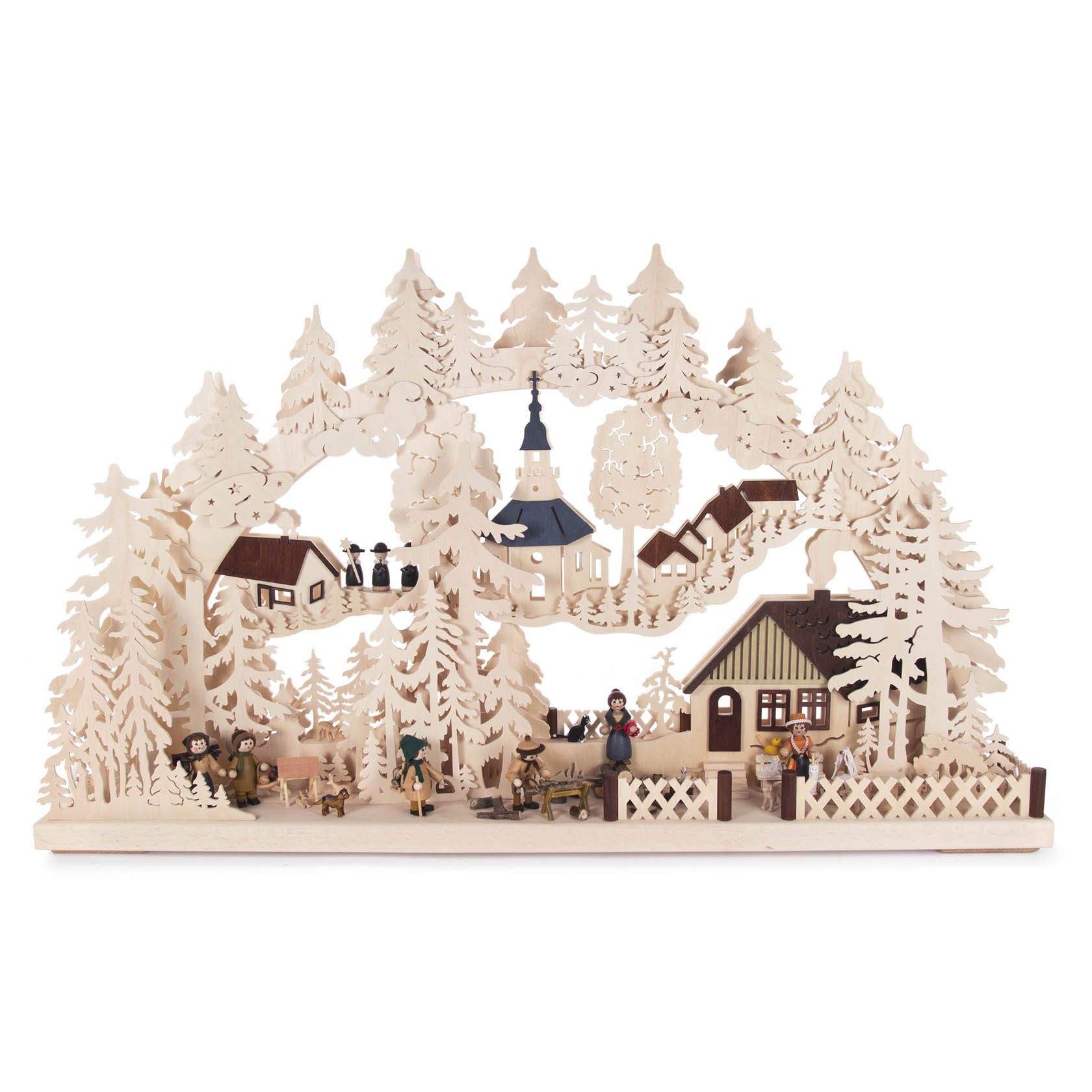 Ein großer Schwibbogen aus Holz mit indirekter elektrischer Beleuchtung, zeigt eine Dorfidylle mit Häusern, Figuren und winterlichen Bäumen. im Dregeno Online Shop günstig kaufen