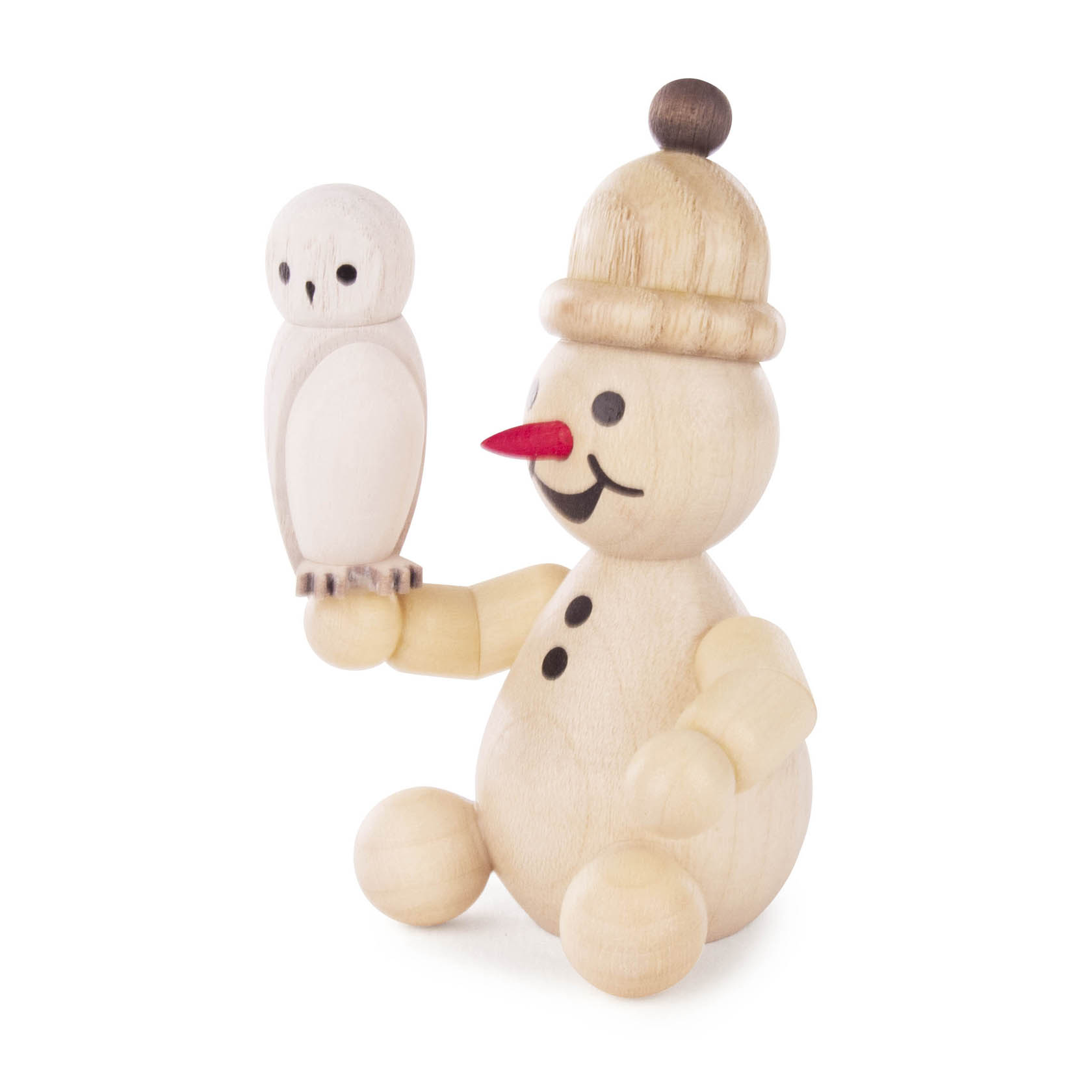 Schneemann Junior mit Schneeeule sitzend