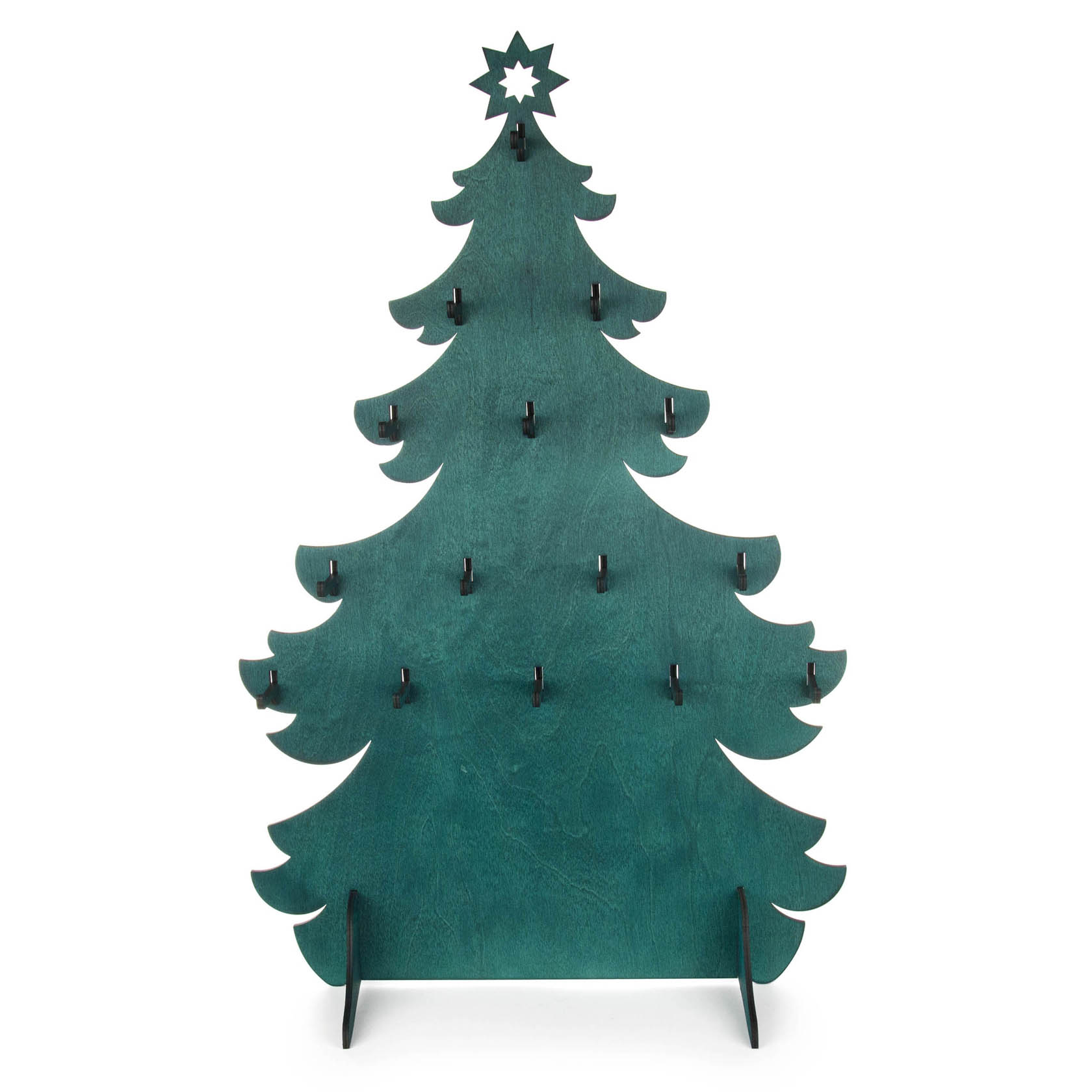 Grünes, tannenbaumförmiges Display aus Holz mit einer sternförmigen Spitze und mehreren Haken für Baumbehang. im Dregeno Online Shop günstig kaufen