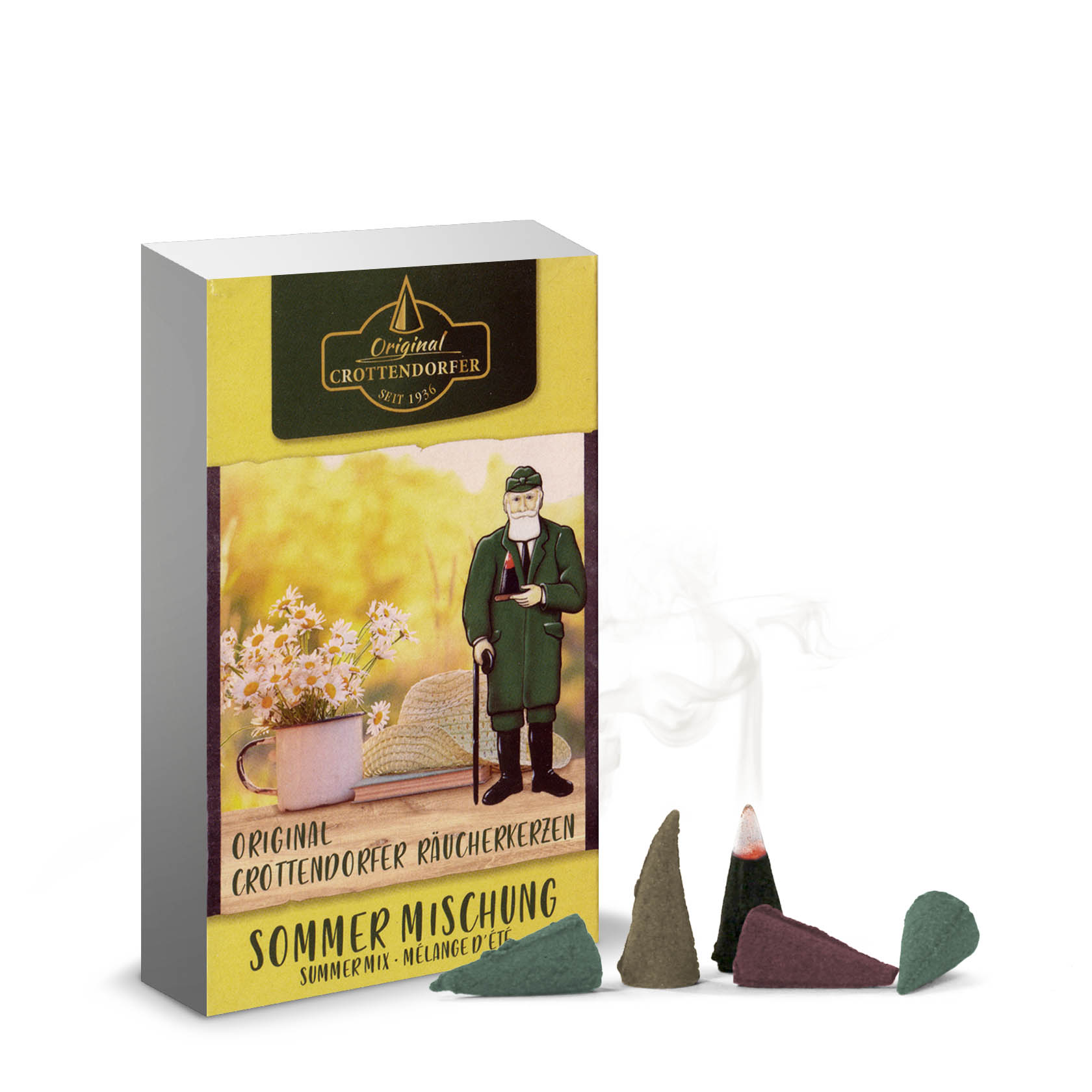 Eine Packung Crottendorfer Räucherkerzen Sommermischung. Drei Räucherkerzen in verschiedenen Farben stehen vorne, eine Detailabbildung zeigt einen rauchenden Kerzchenmann. im Dregeno Online Shop günstig kaufen