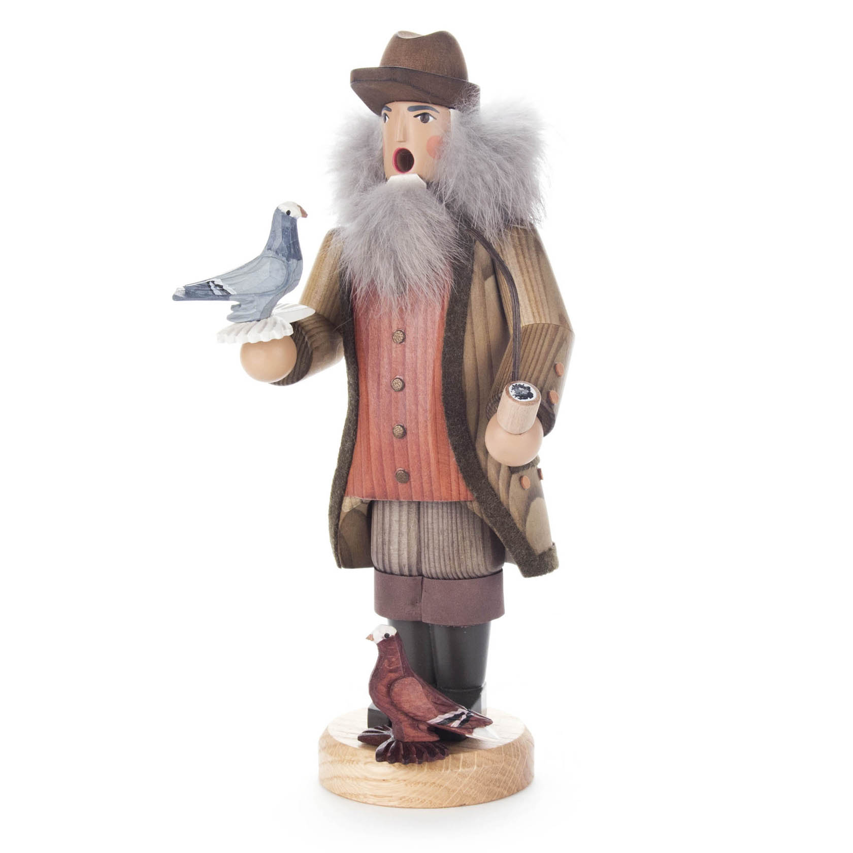 Räuchermann in Form eines Bauers mit grauem Filzhut und langem grauem Bart, hält eine blaue Taube in der Hand und eine zweite Taube steht auf dem Boden. im Dregeno Online Shop günstig kaufen
