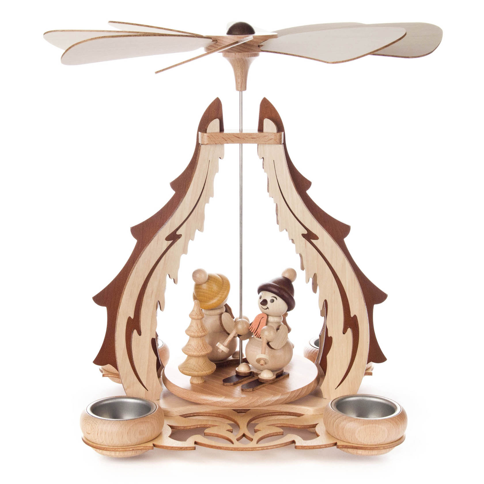 Wooden pyramid featuring snowmen and a tree, designed as a candle holder, with a wooden propeller on top.