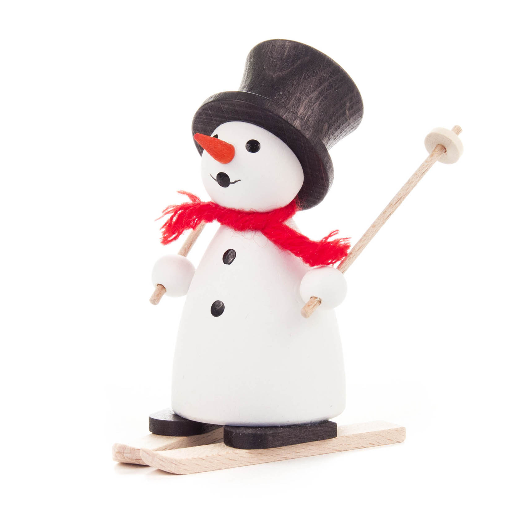 A wooden snowman figurine wearing a top hat and red scarf, standing on skis with ski poles in hand. im Dregeno Online Shop günstig kaufen