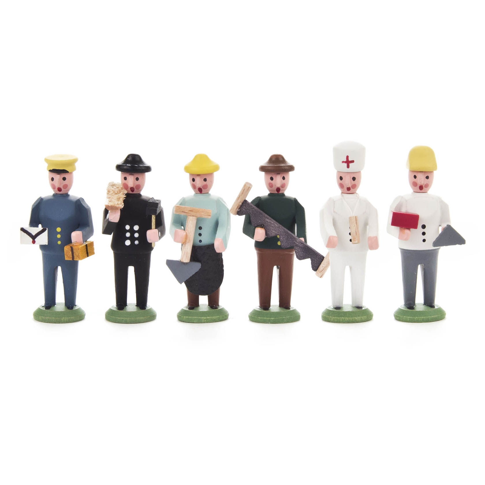 Six wooden figurines representing different professions: a sailor, a craftsman, a miner, a farmer, a nurse, and a construction worker.