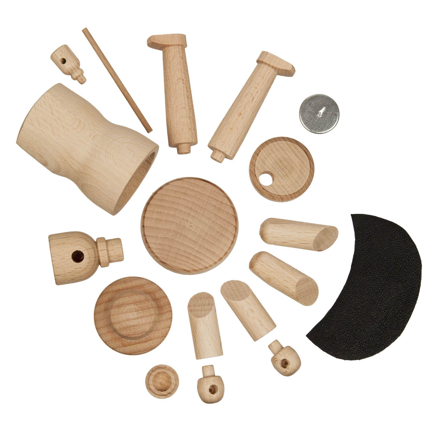A DIY kit for a wooden smoker figurine, featuring various cylindrical and round wooden components, a small metal disc, a fabric piece, and a dowel.