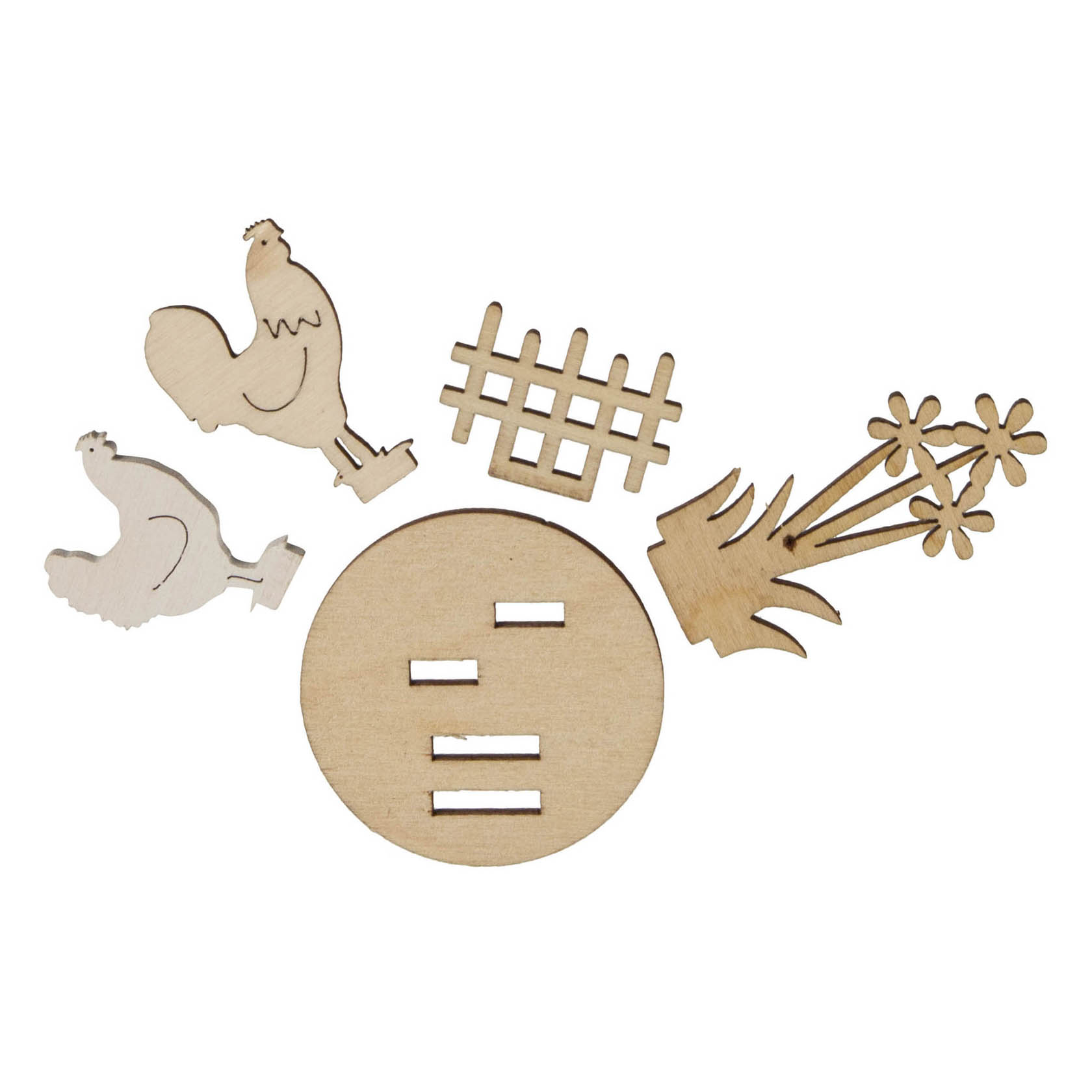 Two wooden puzzle pieces featuring a chicken and a hen, a small fence, a plant, and a circular base with slots.