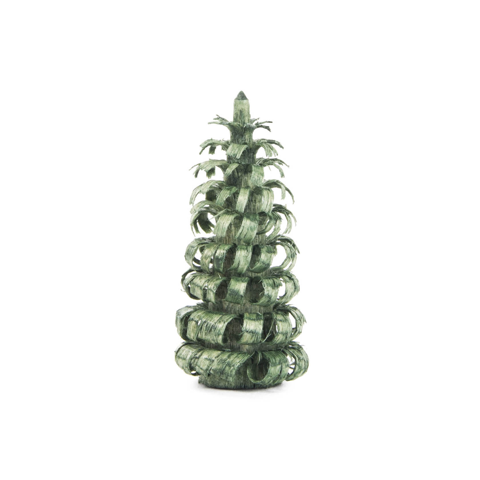 A small, spiral-shaped green ornament resembling a tree, made from curved strips of material.