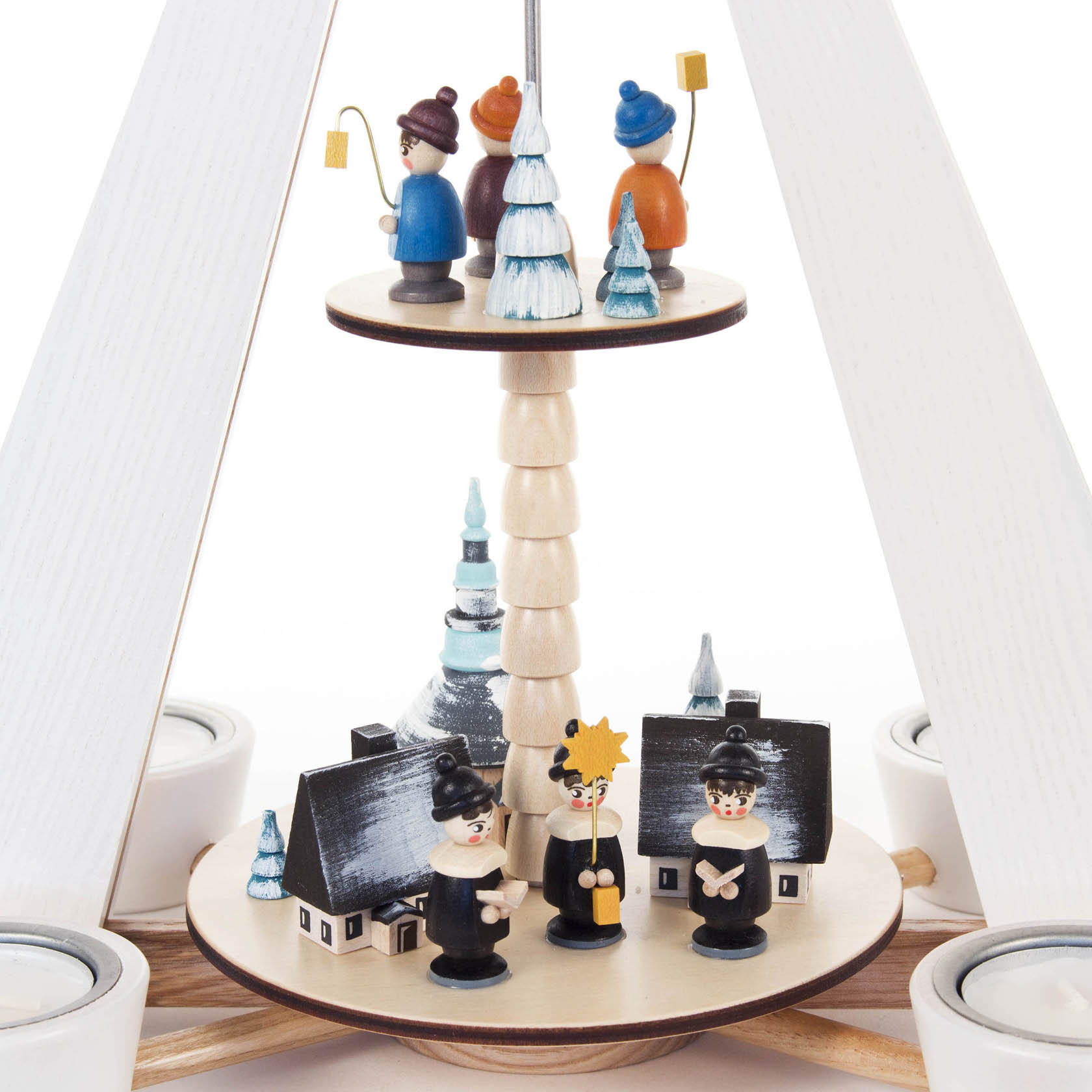 Pyramide mit Dorf Seiffen, Kurrende- und Laternenkindern weiß, 2-stöckig, für Teelichte