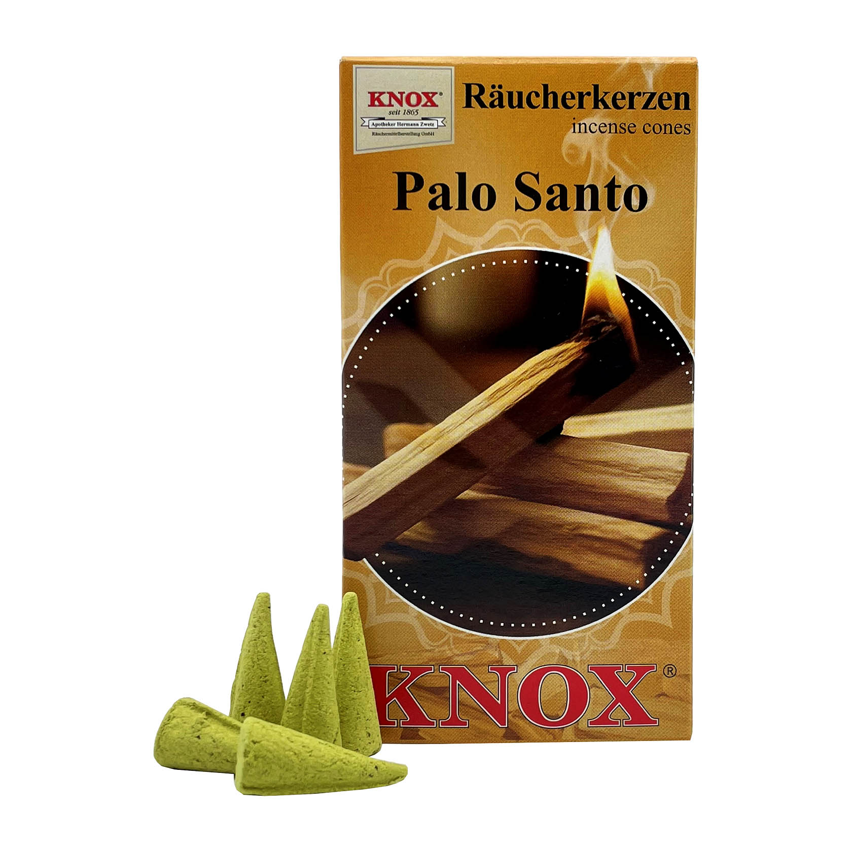 Verpackung von KNOX Räucherkerzen 'Palo Santo' mit vier grünen Kegel-Räucherkerzen davor. im Dregeno Online Shop günstig kaufen