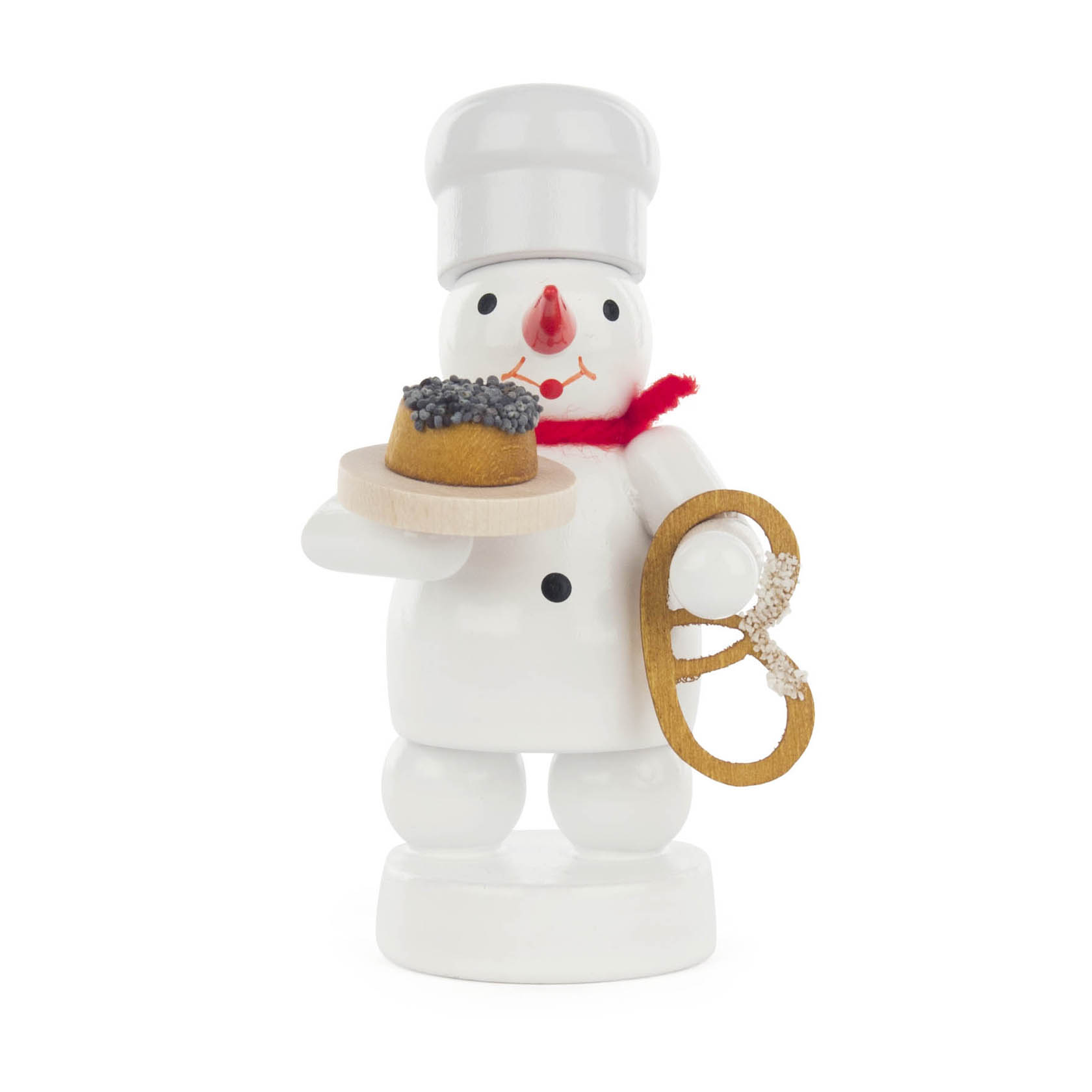 Figurine of a snowman baker wearing a chef's hat, holding a cake in one hand and a pretzel in the other. im Dregeno Online Shop günstig kaufen