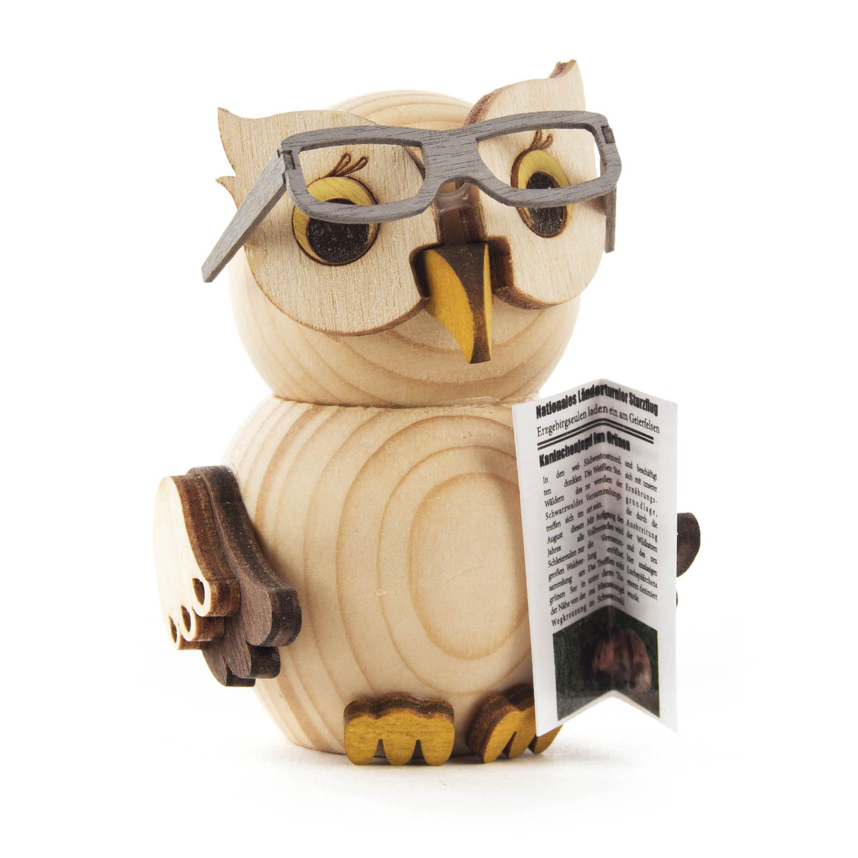 Wooden miniature owl wearing glasses and holding a small newspaper. im Dregeno Online Shop günstig kaufen