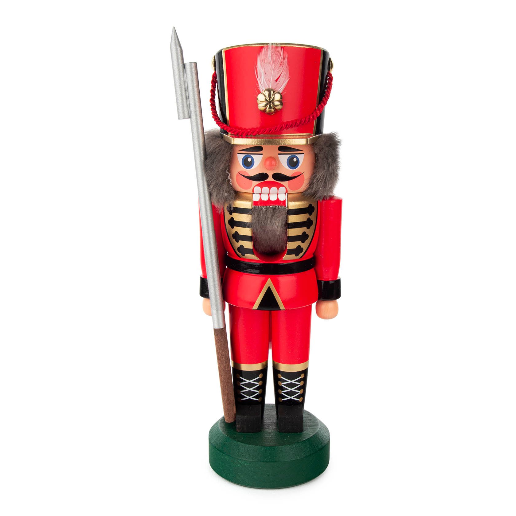 Roter Nussknacker Soldat aus Holz, 22 cm groß, mit Schnauzbart und Pickelhaube, hält eine Lanze in der Hand. im Dregeno Online Shop günstig kaufen