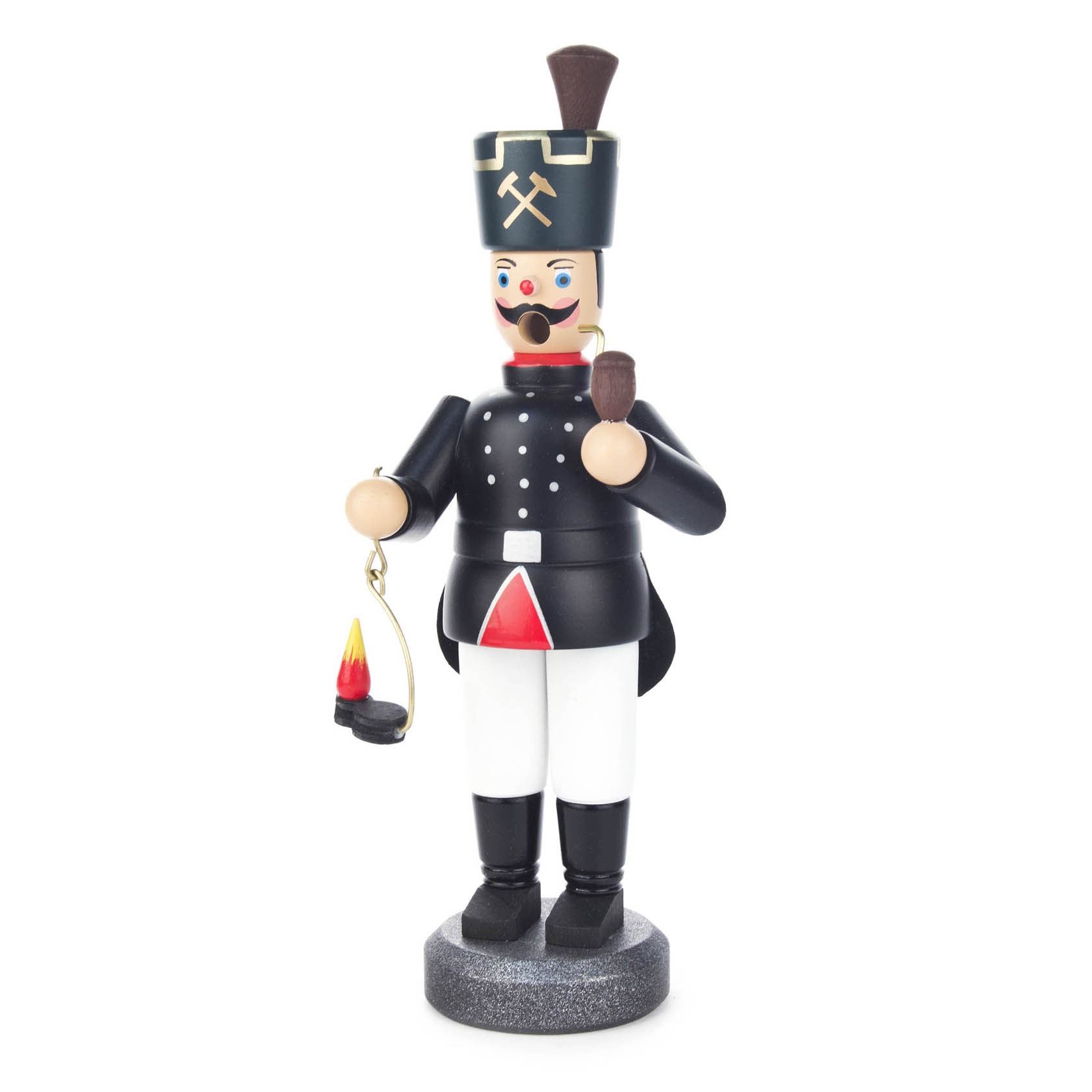 Ein traditioneller Räuchermann in Form eines Bergmanns mit schwarzer Uniform, weißer Hose und schwarzem Hut. Er hält eine Grubenlampe und eine Pfeife.