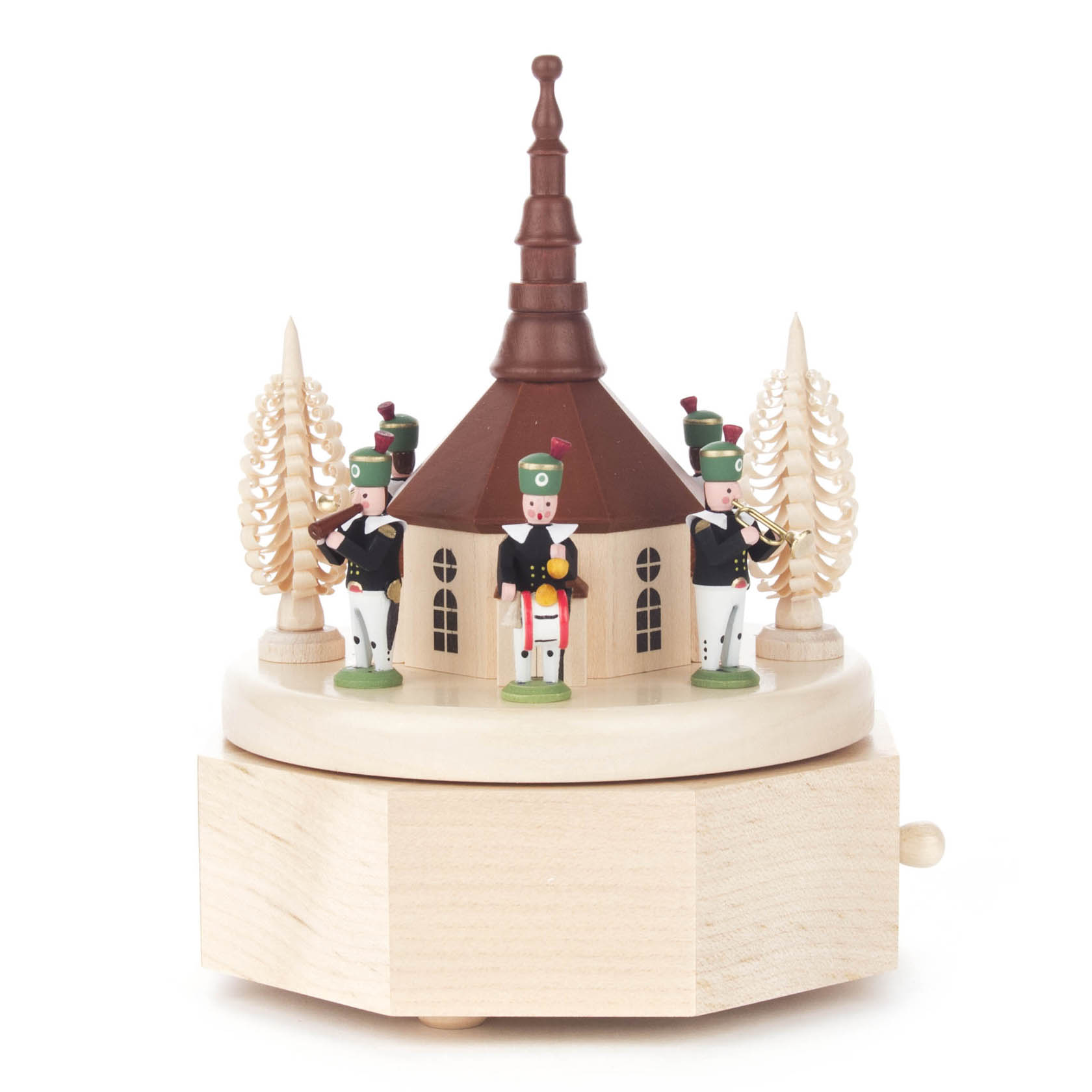 Spieldose mit Seiffener Kirche und Bergleuten, Figuren farbig Melodie: Glück Auf