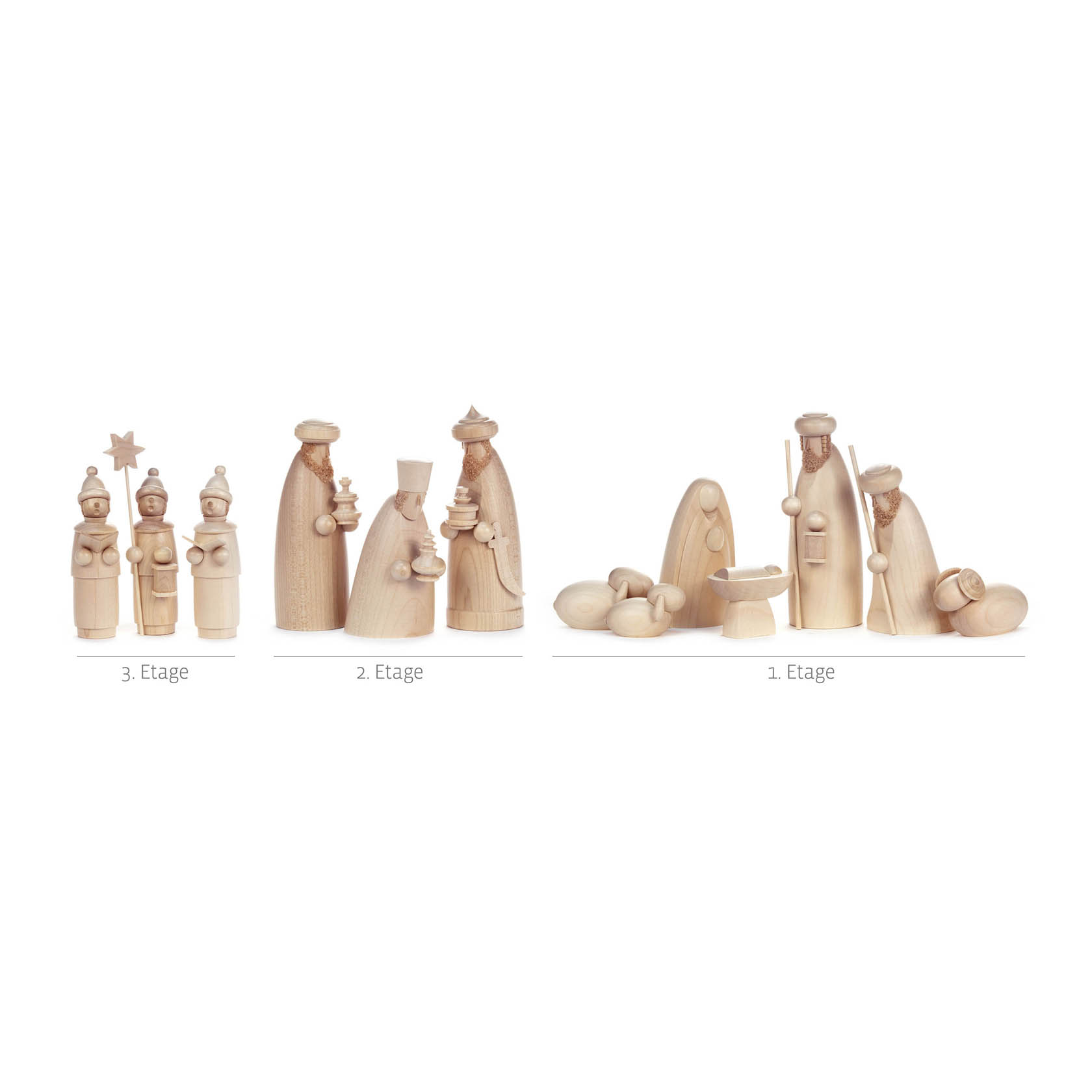 Holzpyramide mit Szenen der Geburt Christi; Maria, Josef und das Jesuskind auf der untersten Ebene, die drei Könige auf der zweiten, Engel auf der dritten.