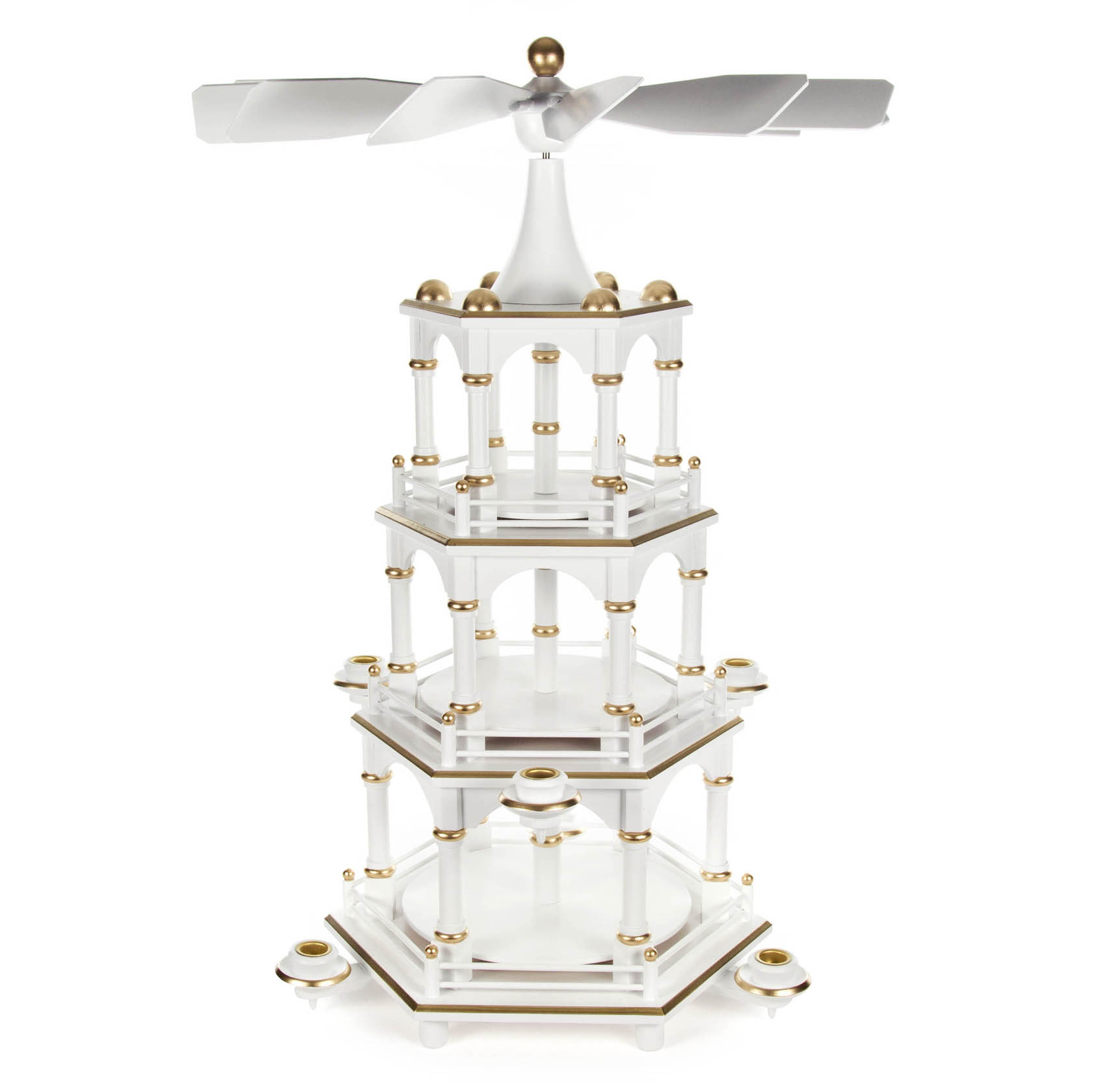 Weiße, dreistöckige Pyramide mit goldenen Akzenten und Propeller, vorgesehen für Kerzen mit einem Durchmesser von 14 mm. im Dregeno Online Shop günstig kaufen