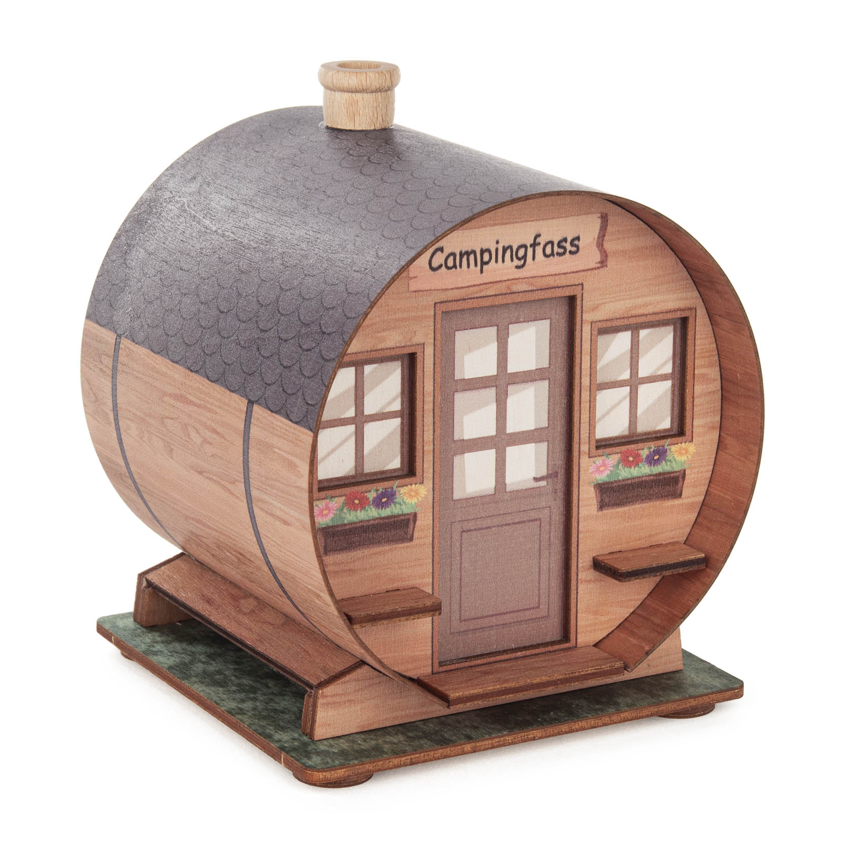 Wooden incense smoker shaped like a barrel with a shingled roof and a front door labeled 'Campingfass'. Two flower boxes are under the windows. im Dregeno Online Shop günstig kaufen
