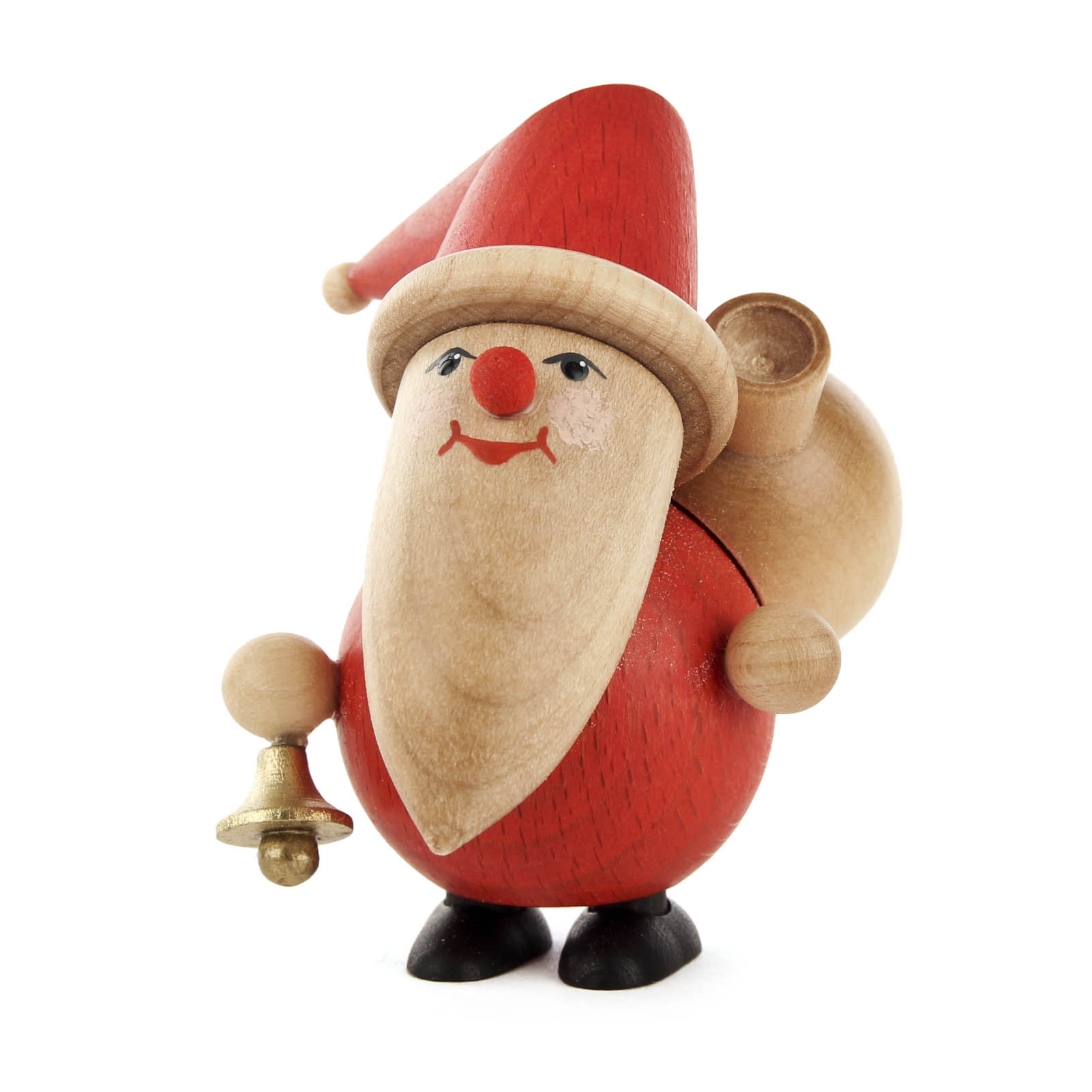A wooden Santa Claus figure with a red outfit and hat, holding a small bell in one hand and a sack on his back. im Dregeno Online Shop günstig kaufen