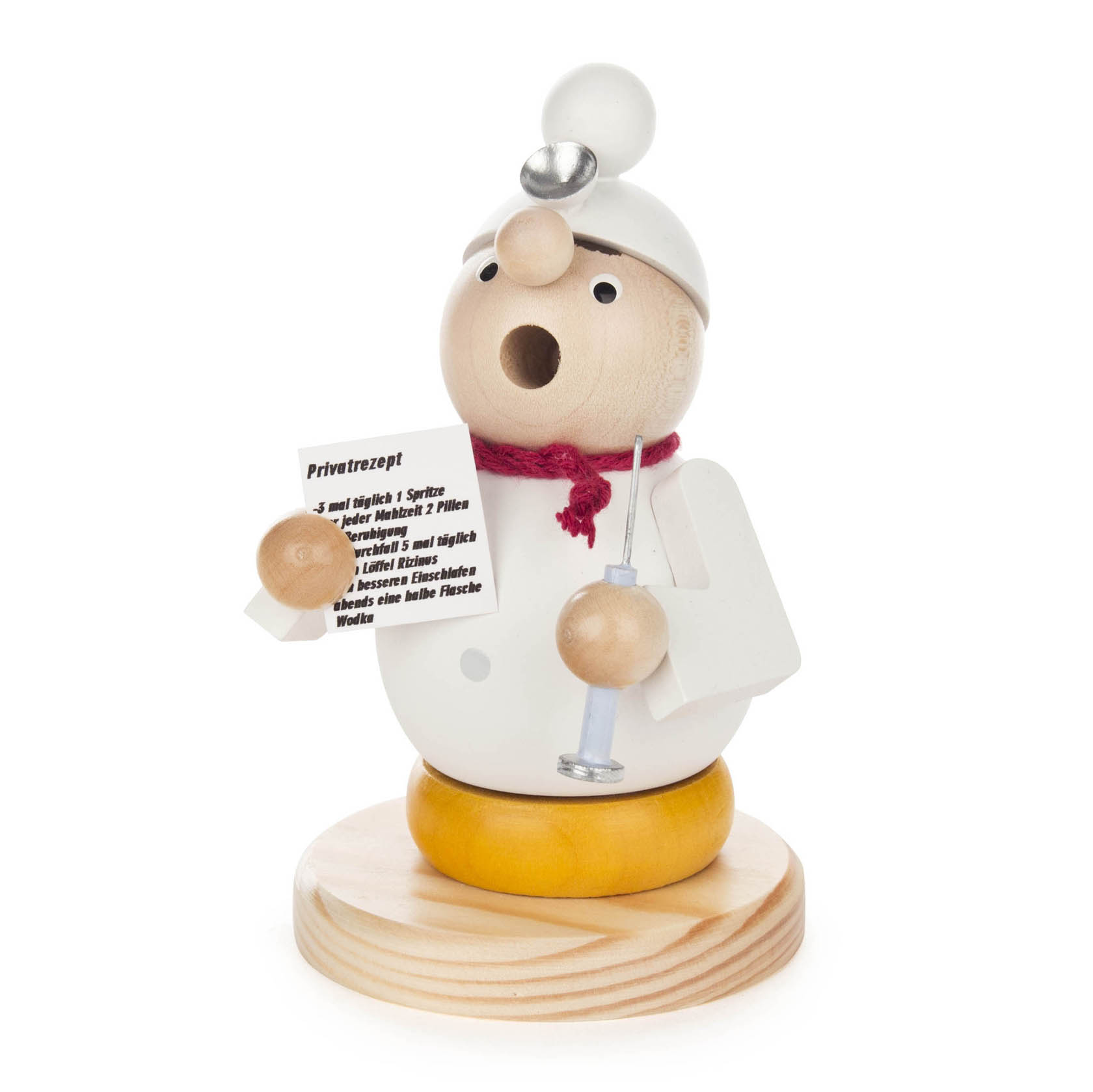 Wooden incense figure of a doctor with a red scarf, holding a prescription and a syringe on a wooden base.