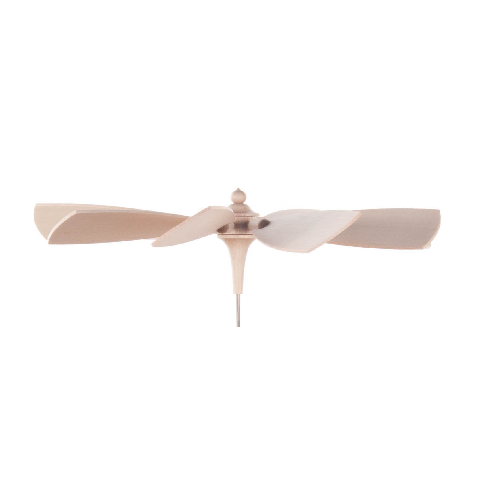 Model wooden rotor with four curved blades and a central pin, used as a turbine component.
