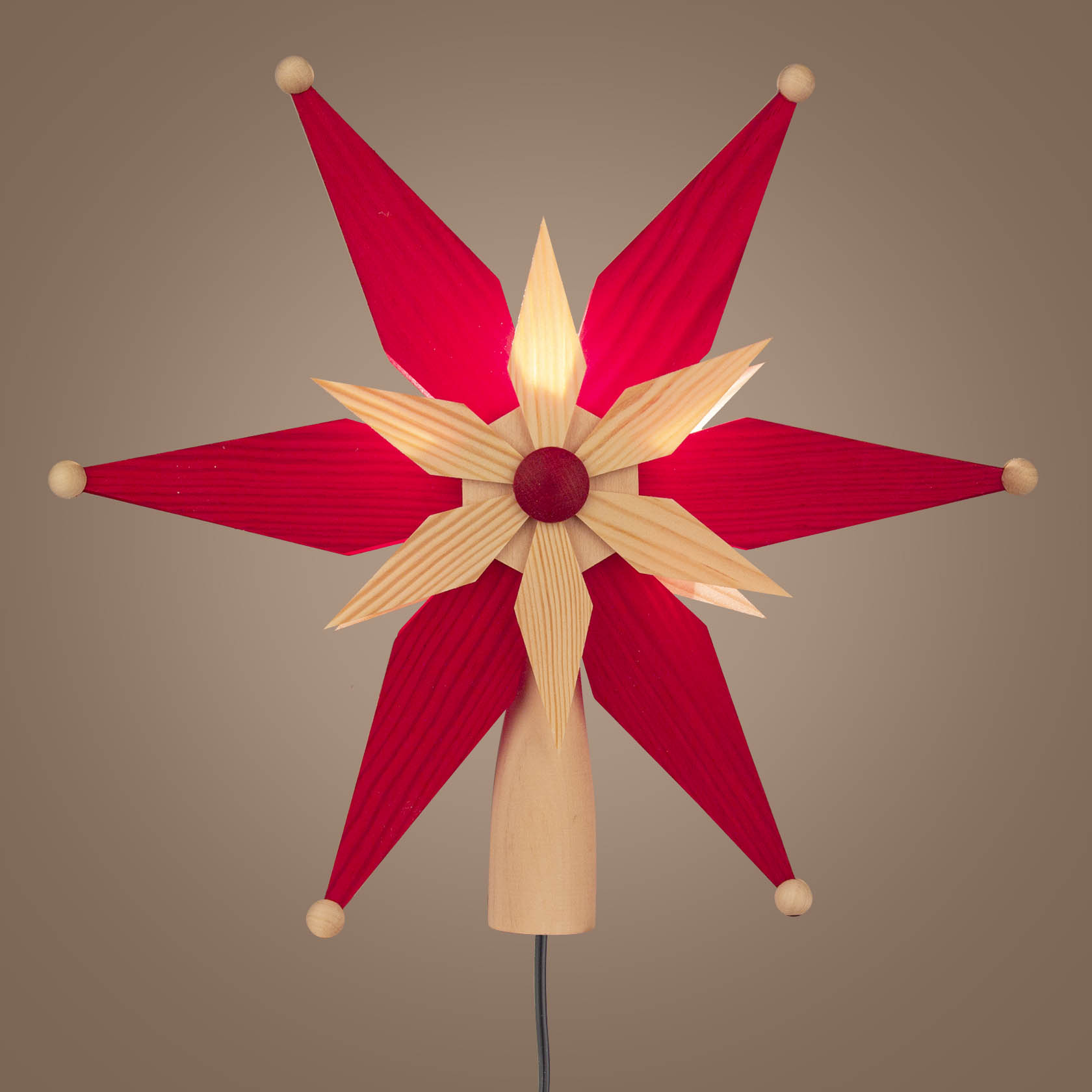Christbaumspitze rot/natur mit   elektrischer Beleuchtung 25cm