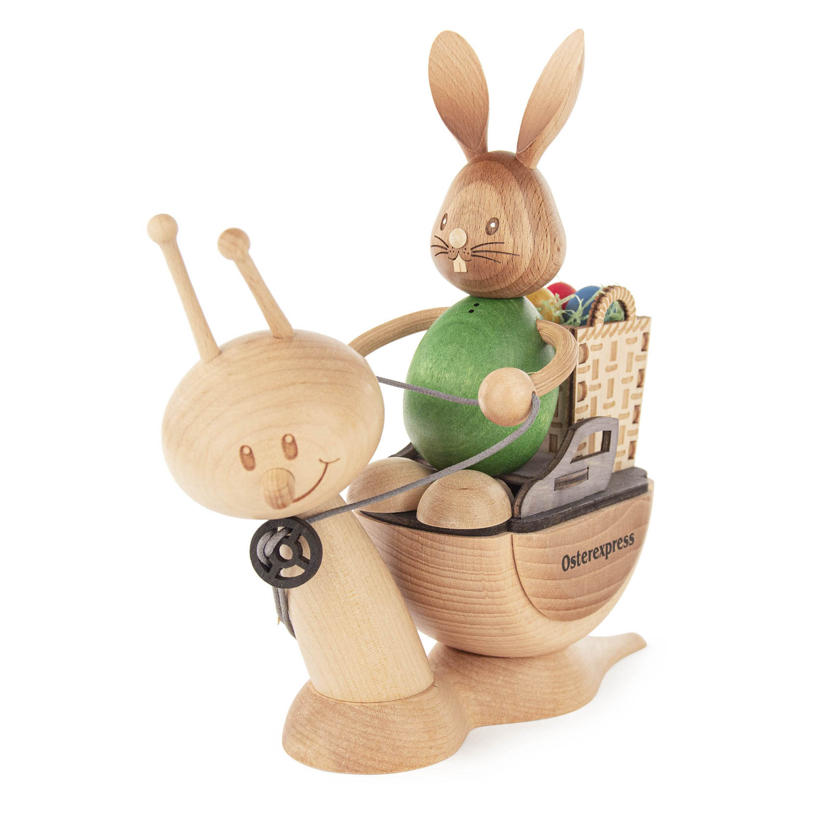 Wooden figurine of a rabbit named 'Stupsi' riding on a snail named 'Sunny', holding Easter eggs in a basket labeled 'Osterexpress'.