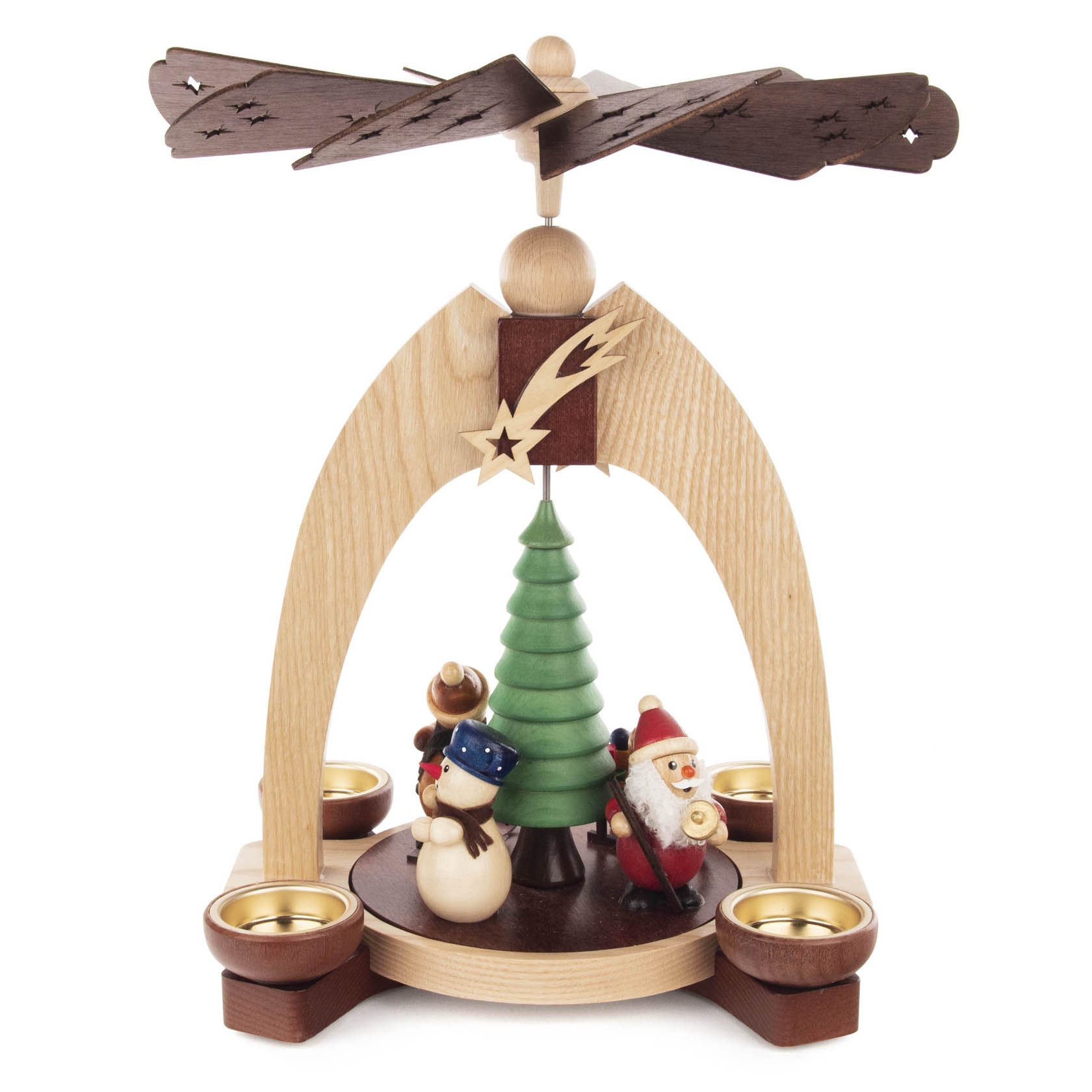Holzpyramide für Teelichter mit Weihnachtsmann, Schneemann und Weihnachtsbaum. Dreht sich durch Kerzenwärme und trägt einen Stern auf der Spitze.