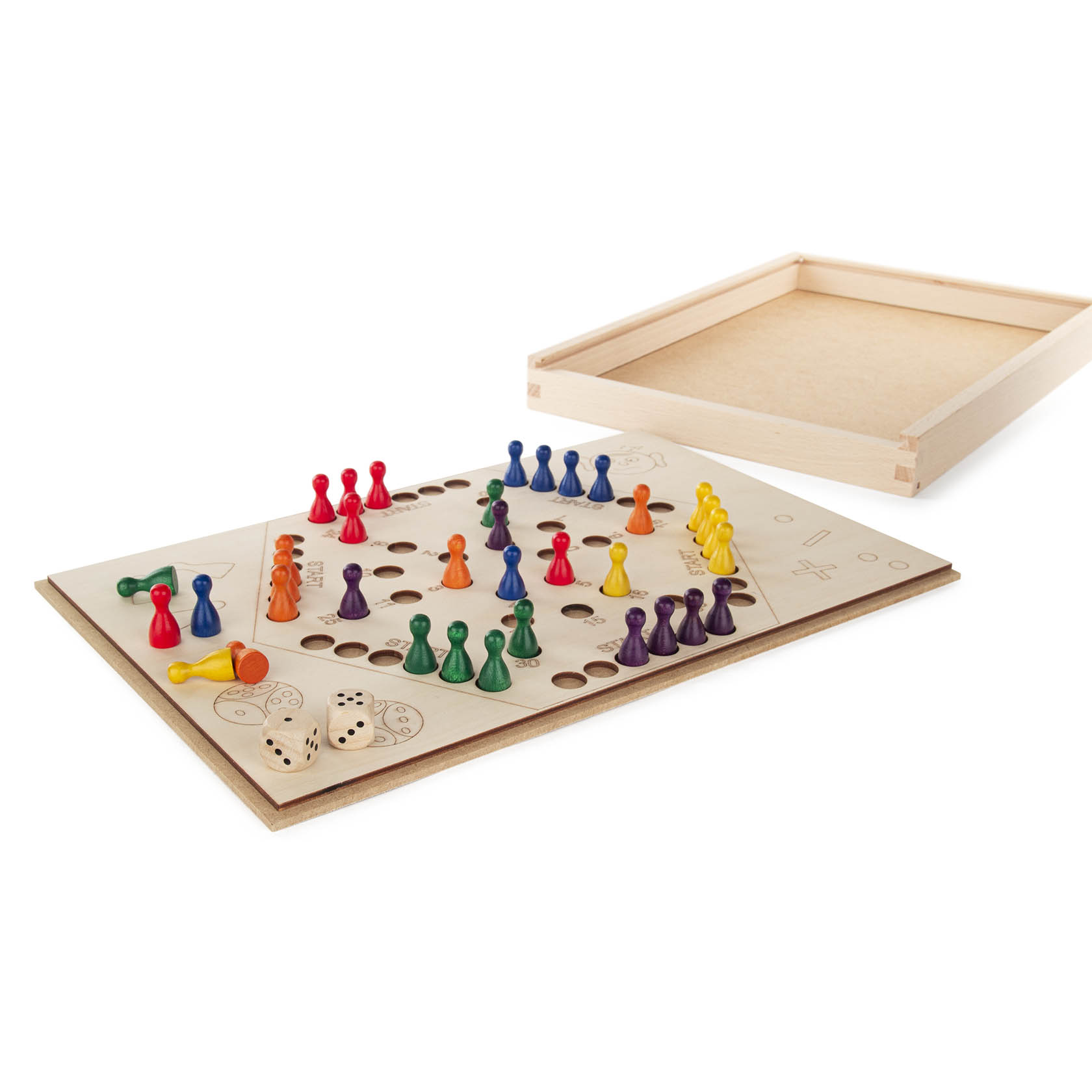 Ein Brettspiel mit bunten Spielfiguren, Würfeln und einem offenen Holzkasten auf einem Tisch. Die Spielfiguren sind in verschiedenen Farben auf dem Brett positioniert.