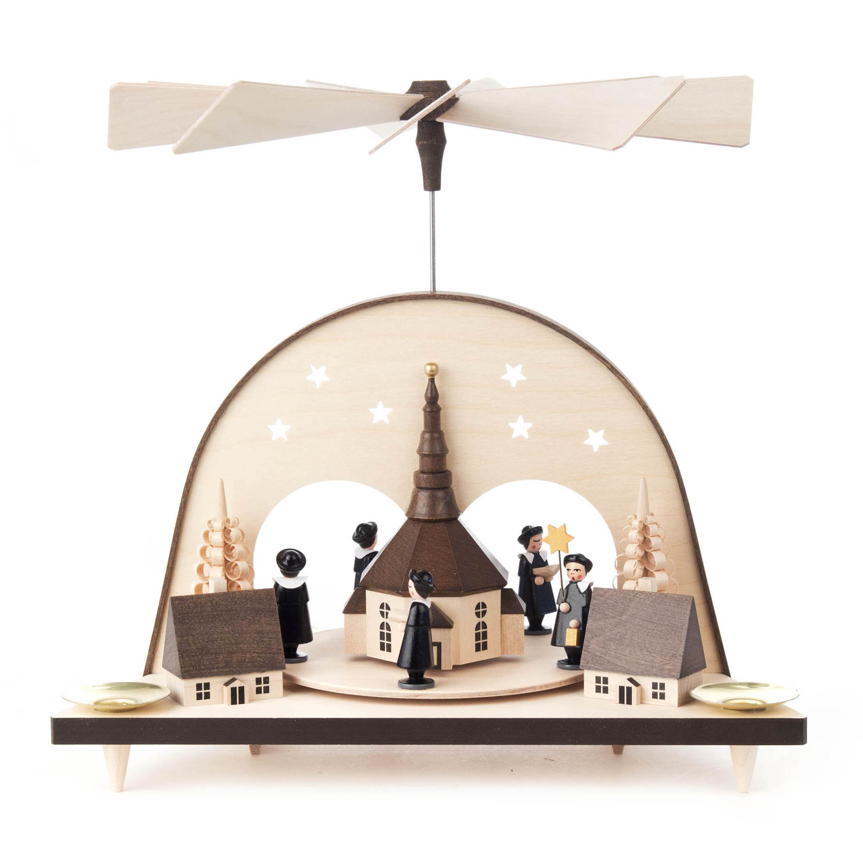Wooden pyramid with Seiffen church and Kurrende singers, featuring rotating fan blades on top and candle holders for 14mm candles.