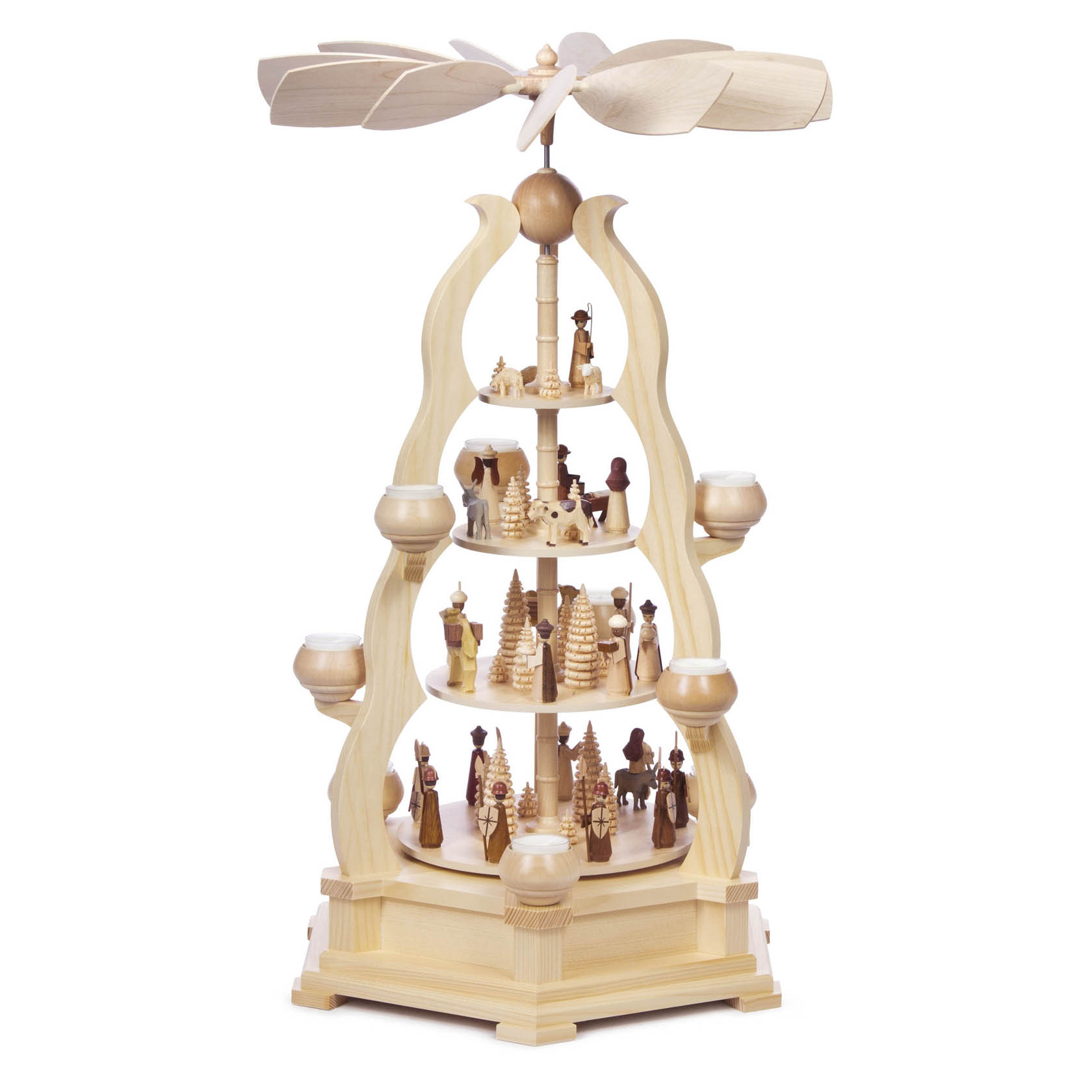 Four-tiered Christmas pyramid with nativity scene, featuring intricate wooden figurines and spaces for tealights. im Dregeno Online Shop günstig kaufen
