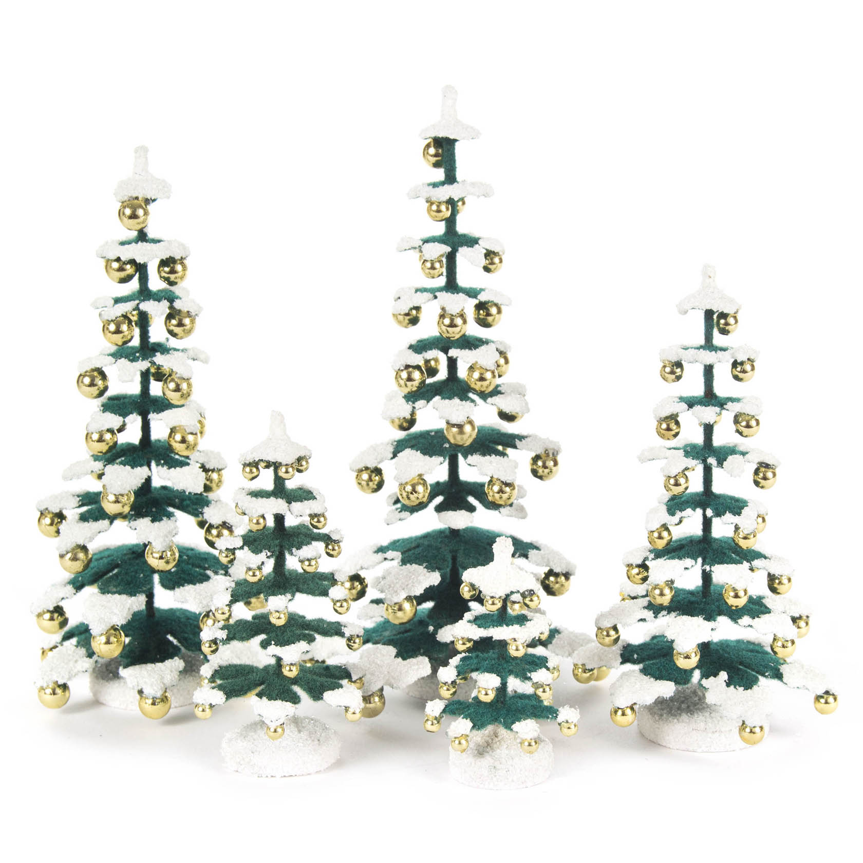 Five miniature snow-covered Christmas trees adorned with gold baubles, in varying heights of 5.5, 8, 12, 14, and 15 centimeters.