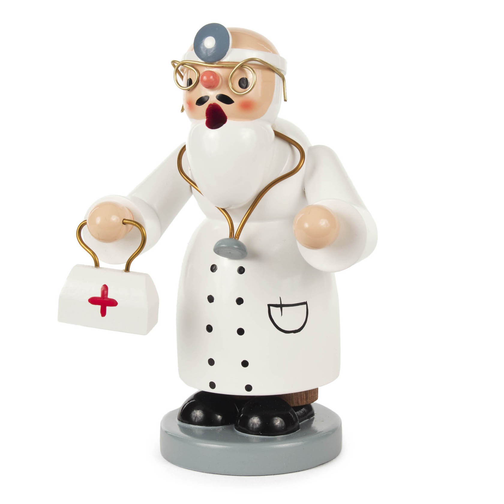 Holzfigur eines Arztes mit Brille, Stethoskop und Arztkoffer, gestaltet als klassischer Räuchermann. im Dregeno Online Shop günstig kaufen