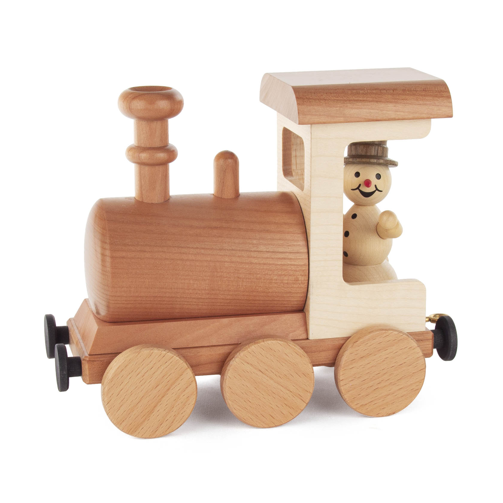 Holzeisenbahn-Lokomotive mit Schornstein, in der ein Räuchermännchen sitzt, dekoriert mit einem Gesicht und Zylinder. im Dregeno Online Shop günstig kaufen