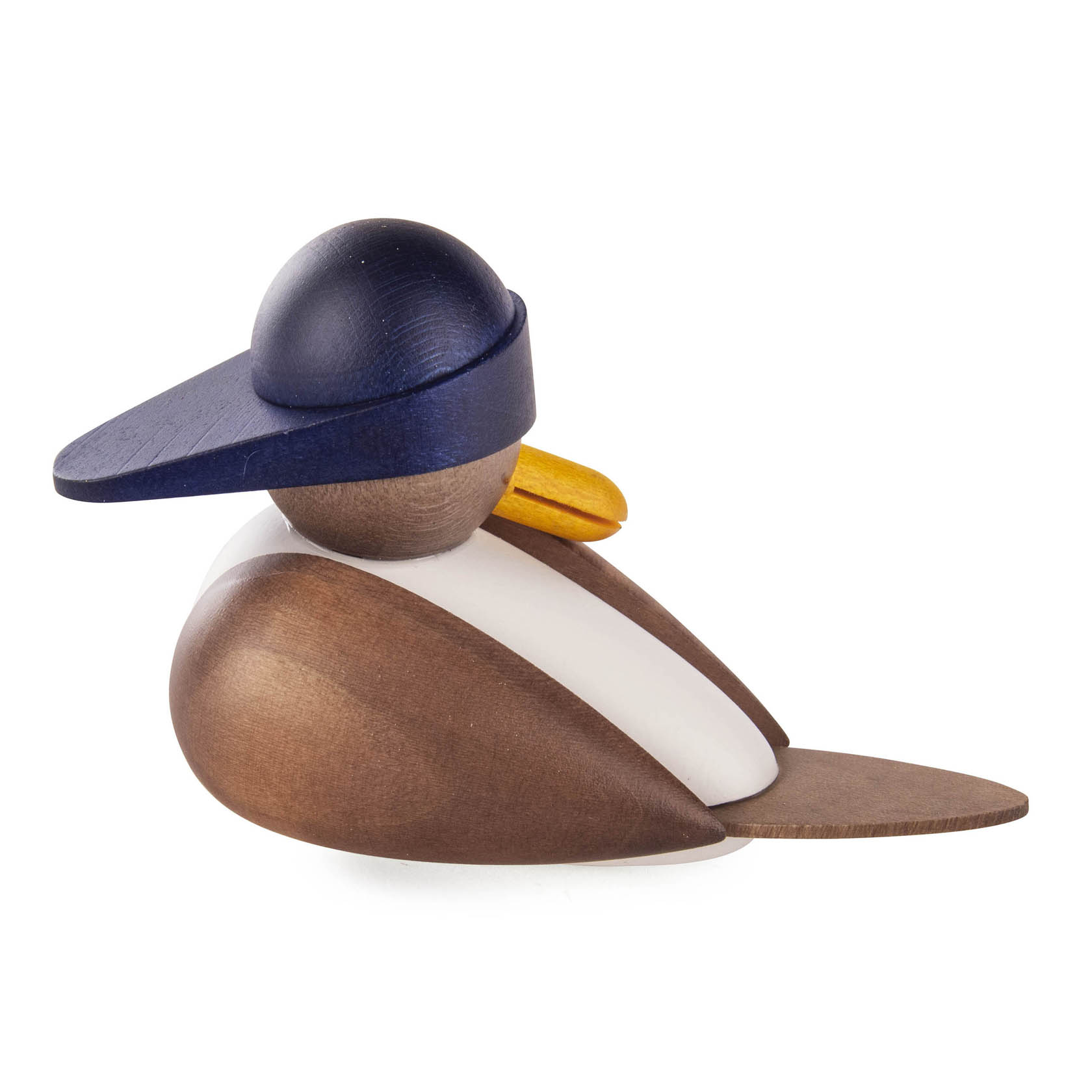 A sleeping storm bird figurine with a grey-blue sou'wester hat, white chest, and brown wings.