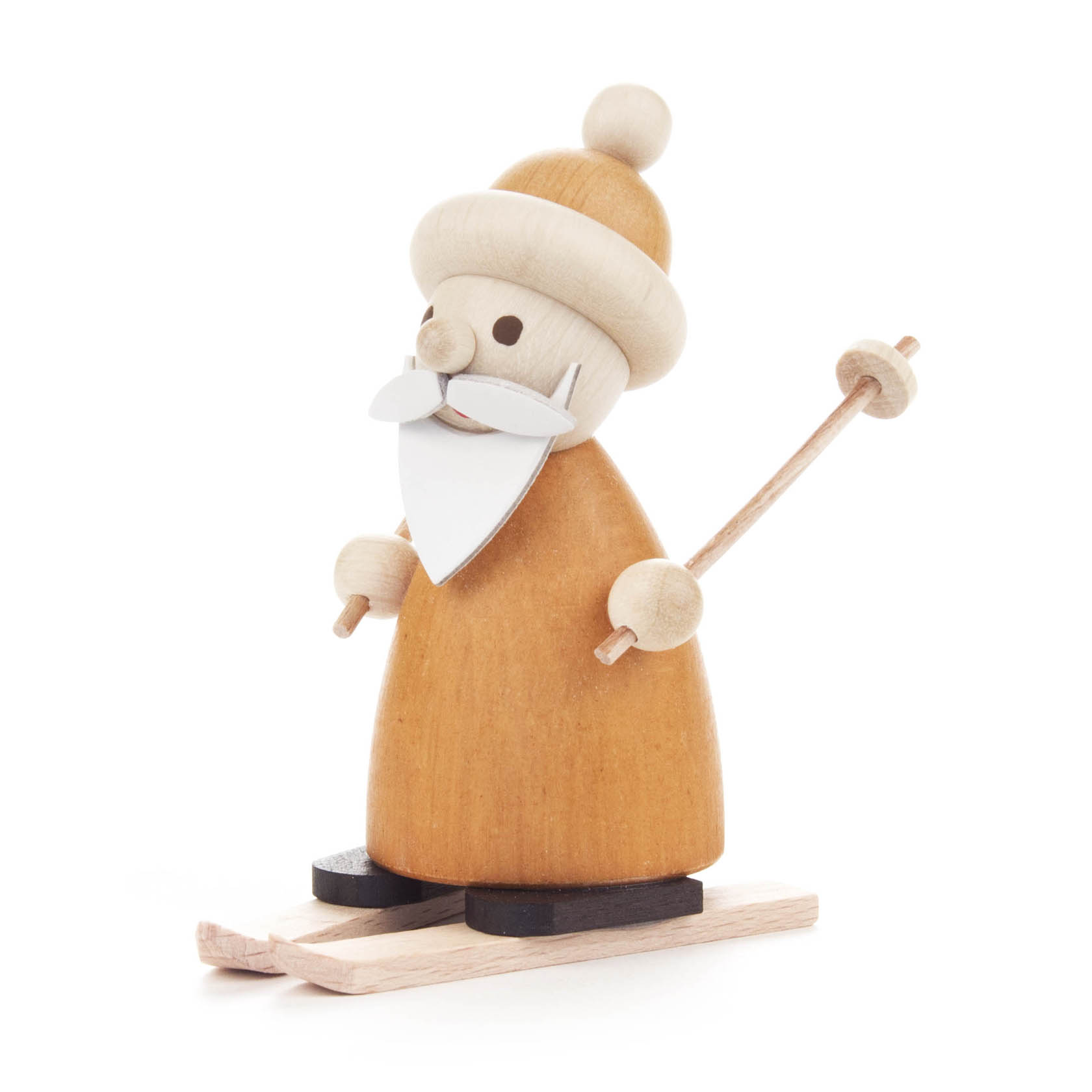 Wooden figurine of Ruprecht wearing an orange robe with a white beard, grey mustache, and a hat, standing on skis and holding ski poles. im Dregeno Online Shop günstig kaufen