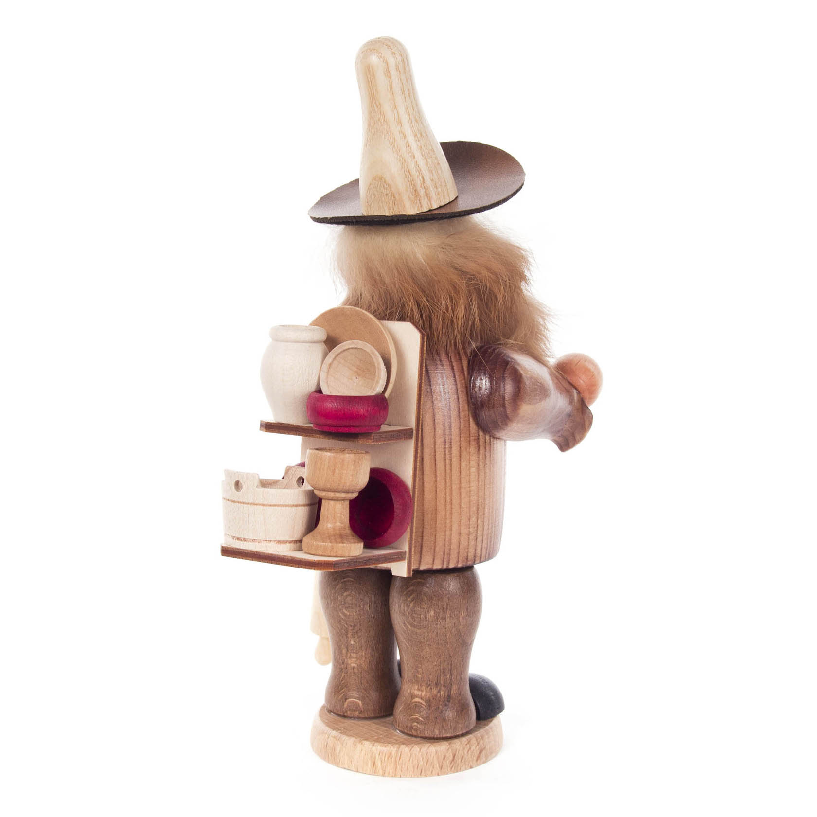 Wooden incense smoker figure of a merchant carrying wooden crafts and bowls on his back, wearing a tall hat and holding an object.