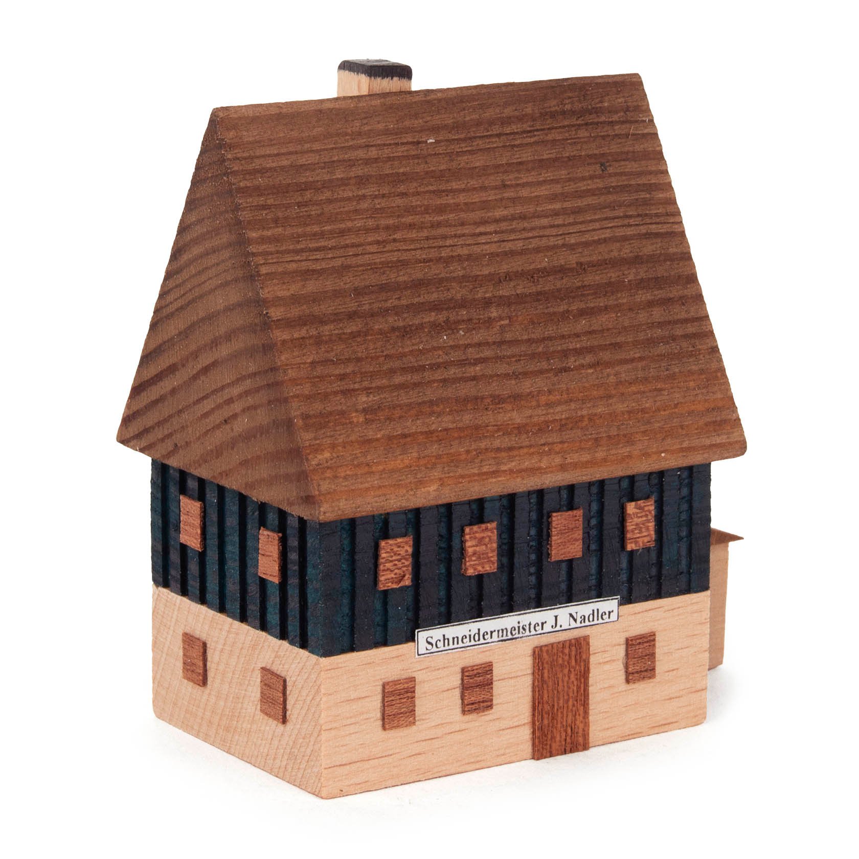 Wooden model of a two-story tailor's shop with a workshop extension, featuring a dark blue and natural wood facade and a sign 'Schneidermeister J. Nadler'. im Dregeno Online Shop günstig kaufen