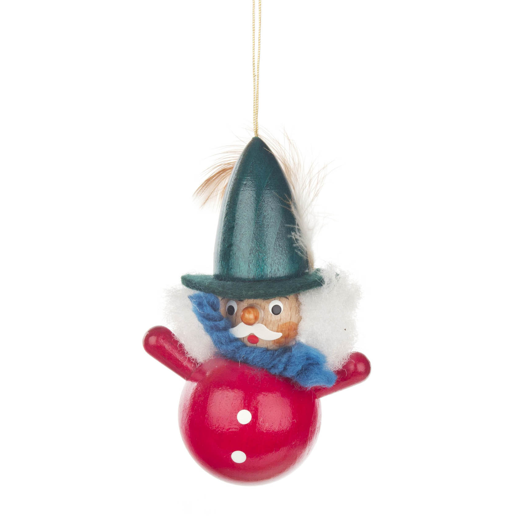 Weihnachtlicher Anhänger in Form eines Wichtels mit rotem Körper, blauem Schal, grünem Hut, weißem Bart und einer Feder an seinem Hut. im Dregeno Online Shop günstig kaufen