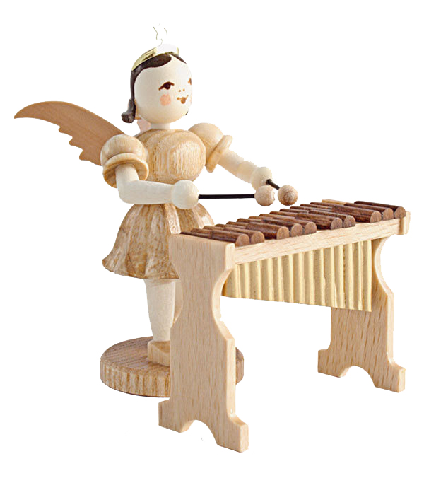 Holzfigur eines Engels mit braunen Haaren und Flügeln, der ein Xylophon spielt. Der Engel trägt ein schlichtes Kleid und hält zwei Schlägel. im Dregeno Online Shop günstig kaufen