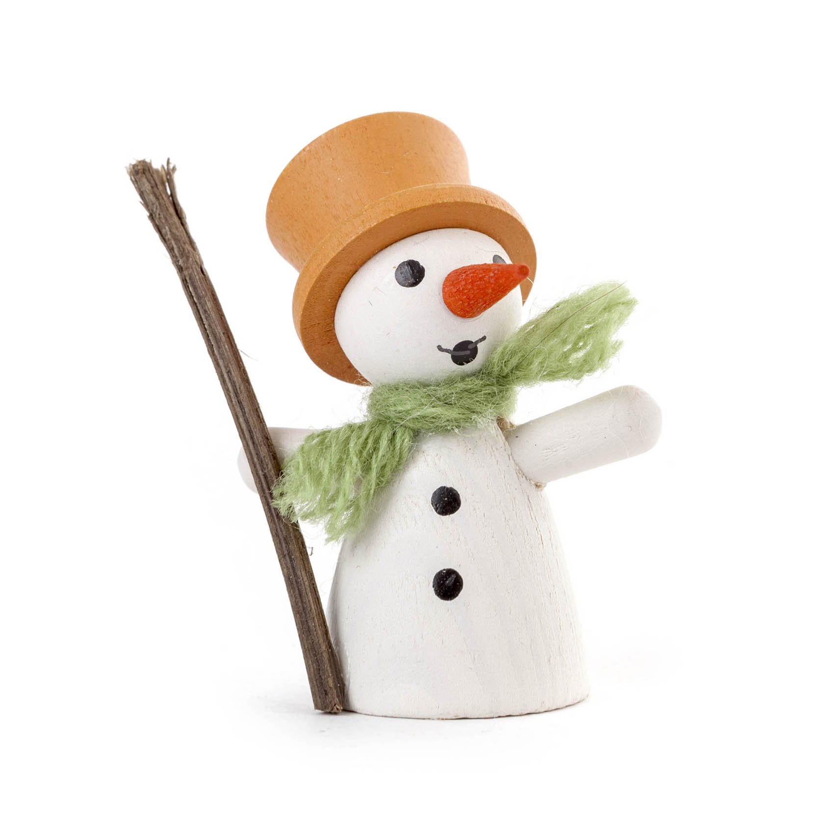 Kleiner Schneemann mit orangem Zylinder und grünem Schal, hält einen Stock in der Hand. im Dregeno Online Shop günstig kaufen