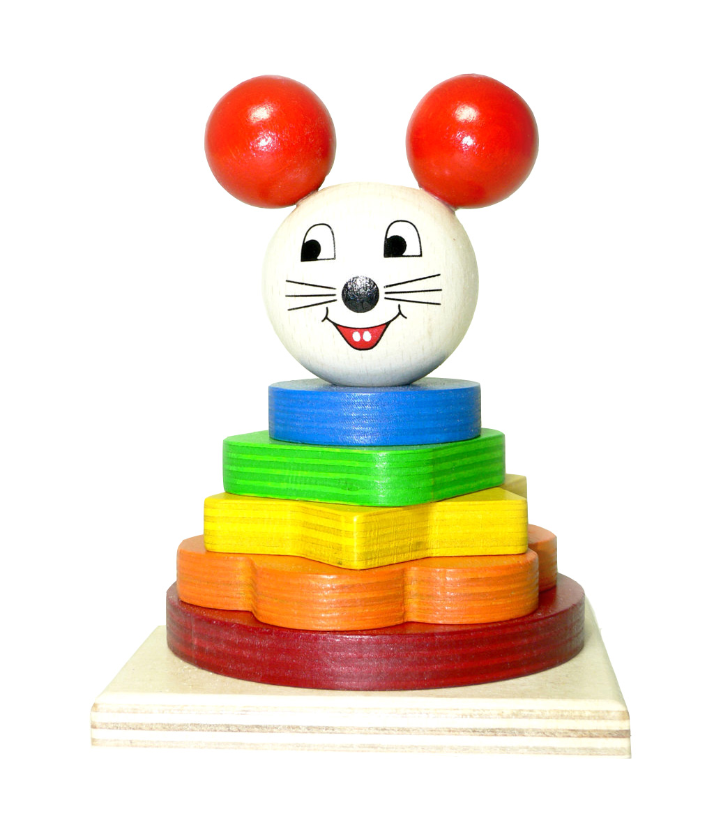 A colorful stacking toy shaped like a mouse, with a white head, red ears, and various colored rings on a wooden base. im Dregeno Online Shop günstig kaufen