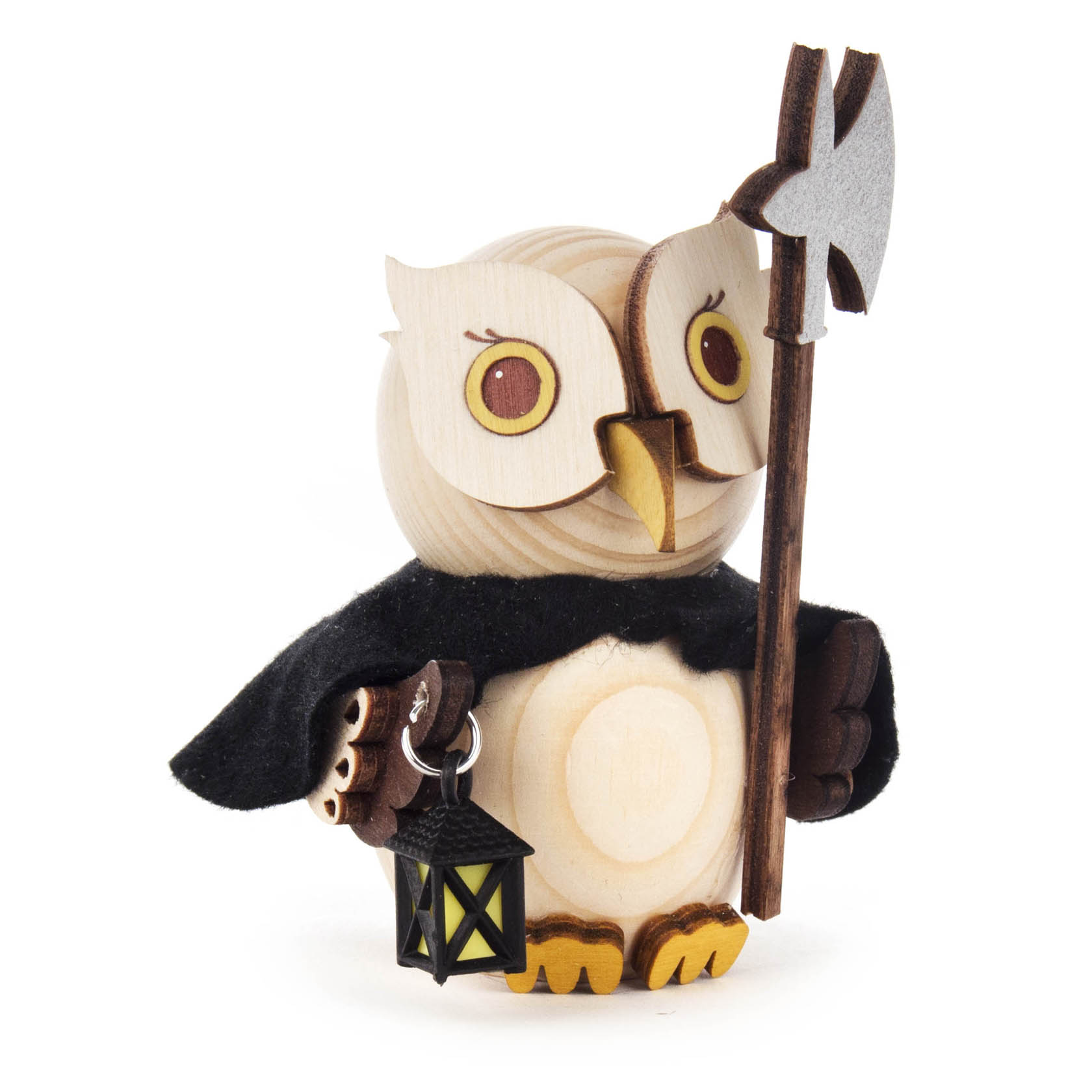Small wooden owl figurine dressed as a night watchman, holding a lantern and a pole axe, with a black cape and a monocle. im Dregeno Online Shop günstig kaufen