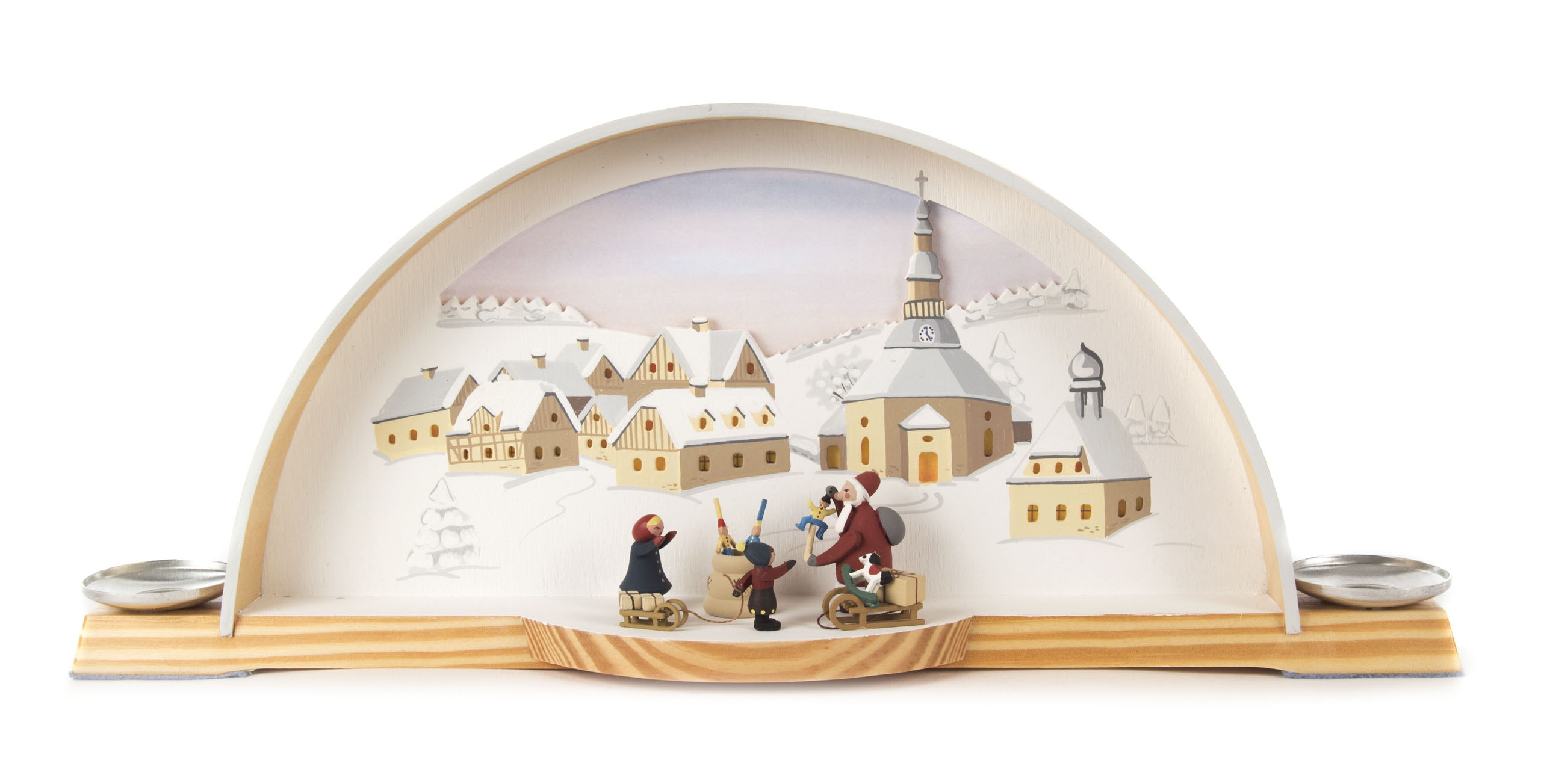 Schwibbogen mit Seiffener Kirche,  Kindern und Weihnachtsmann elektrische Hintergrundbeleuchtung