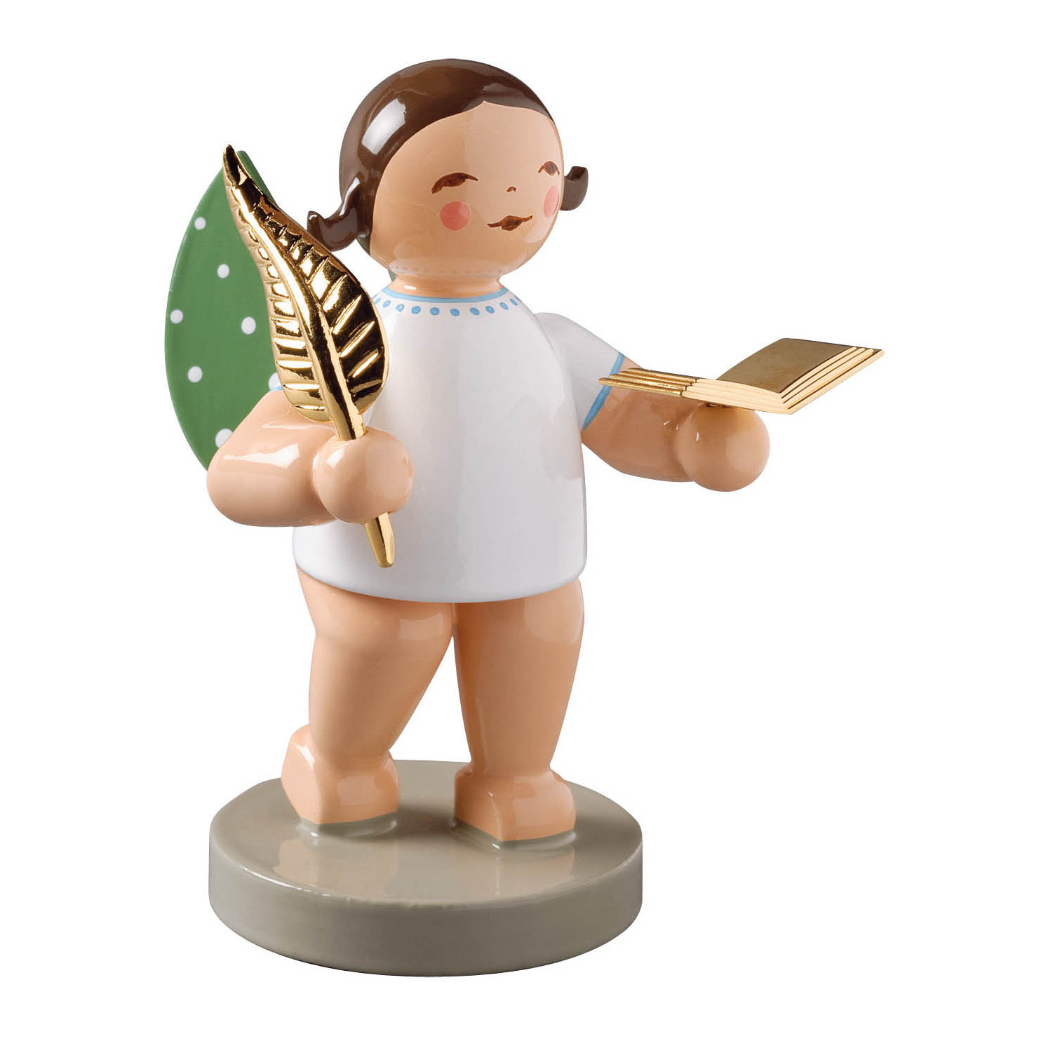 A figurine of an angel holding a gold book in one hand and a golden feather in the other, with green wings adorned with white dots. im Dregeno Online Shop günstig kaufen
