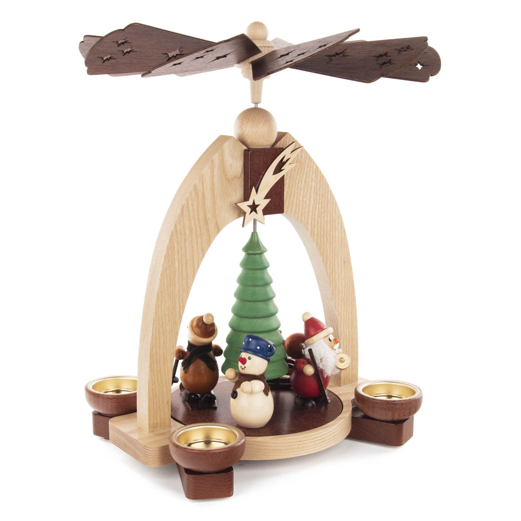 Holzpyramide mit drehendem Windrad, Weihnachtsmann, Schneemann, Tannenbaum und Platz für Teelichter.